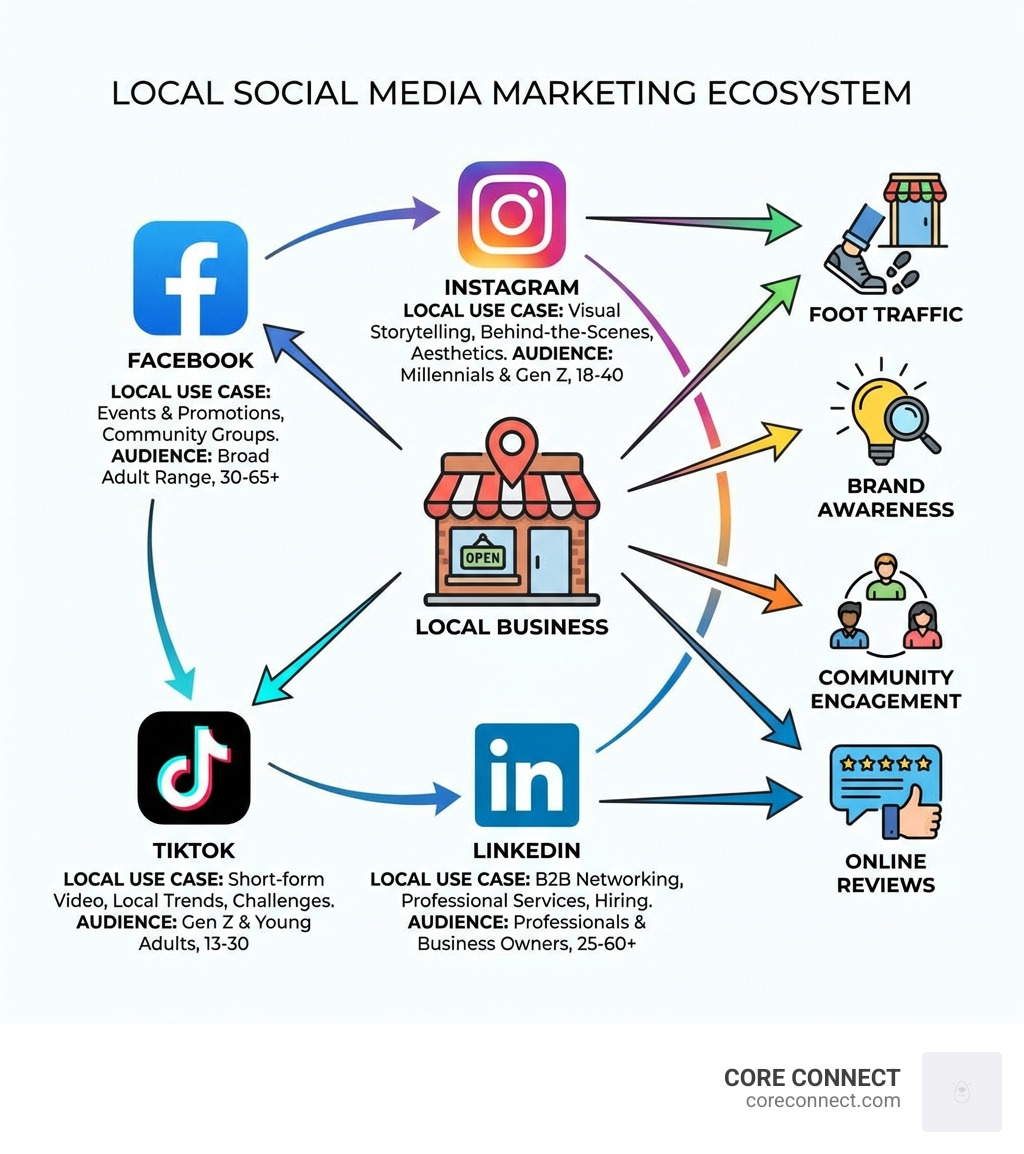 Infographic showing the local social media marketing ecosystem: a local business at the center connected to platforms (Facebook, Instagram, TikTok, LinkedIn), with arrows pointing to outcomes including foot traffic, brand awareness, community engagement, and online reviews — each platform labeled with its primary local use case and audience demographic - local social media marketing infographic 