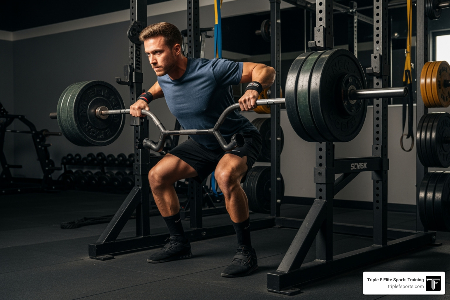Athlete performing a heavy trap-bar deadlift with perfect form, focusing on explosive hip drive - Baseball performance training Athlete performing a heavy trap-bar deadlift with perfect form, focusing on explosive hip drive - Baseball performance training