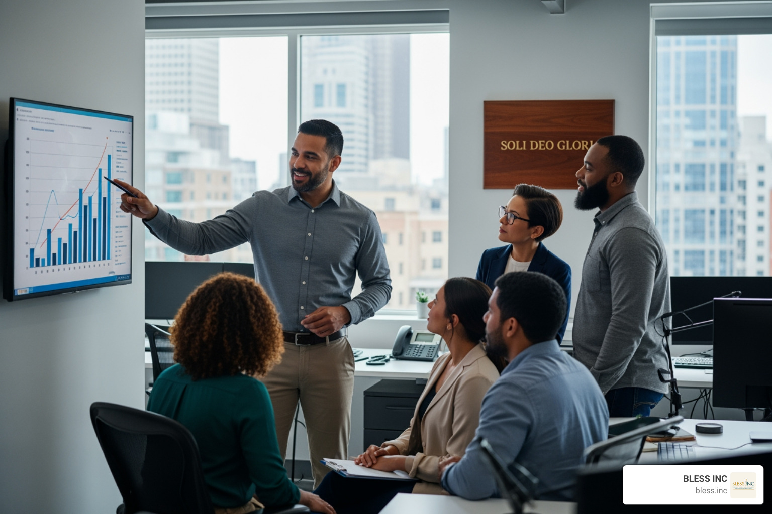 A faith-driven entrepreneur standing in a modern office, reviewing a growth chart with their diverse team; the atmosphere is one of integrity and purpose, with a plaque on the wall reading "Soli Deo Gloria" (To God Alone be the Glory) - biblical finance business services A faith-driven entrepreneur standing in a modern office, reviewing a growth chart with their diverse team; the atmosphere is one of integrity and purpose, with a plaque on the wall reading "Soli Deo Gloria" (To God Alone be the Glory) - biblical finance business services