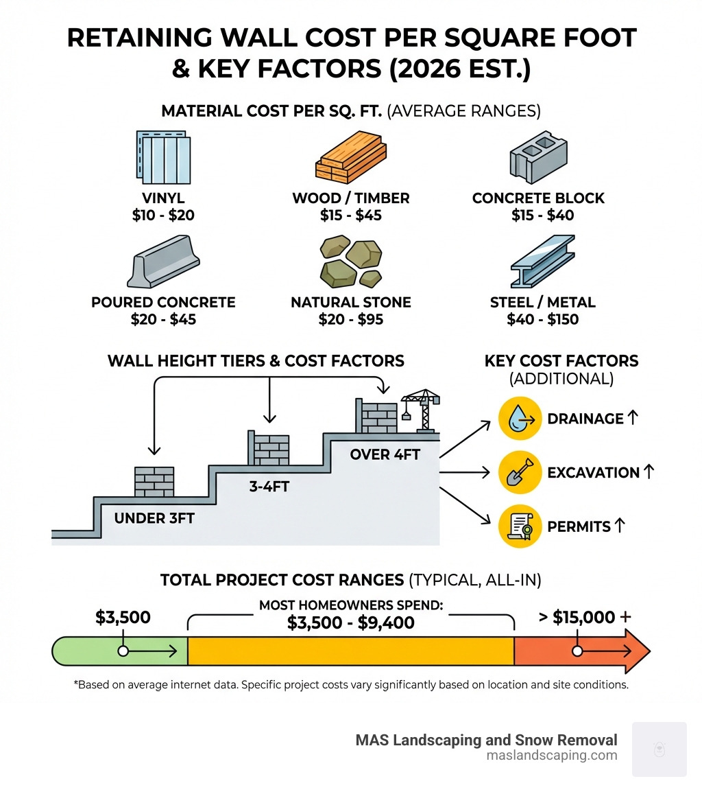 Infographic showing retaining wall cost per square foot by material type, wall height tiers (under 3ft, 3-4ft, over 4ft), key cost factors including drainage, excavation, and permits, and total project cost ranges from $3,500 to over $15,000 - Retaining wall cost per foot infographic 