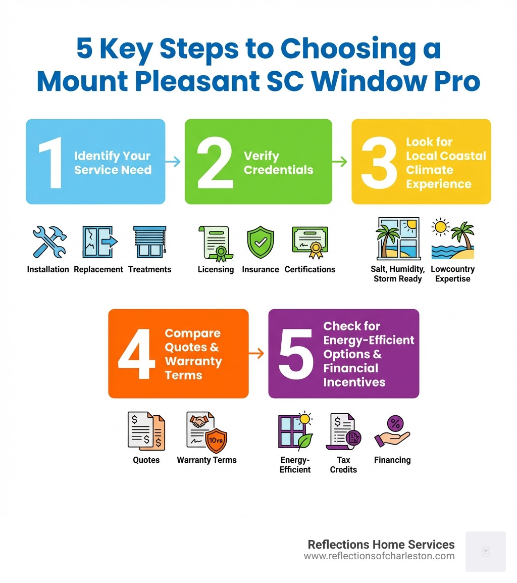 Infographic showing the 5 key steps to choosing a Mount Pleasant SC window pro: 1) Identify your service need (installation, replacement, cleaning, or treatments), 2) Verify licensing, insurance, and certifications, 3) Look for local coastal climate experience, 4) Compare quotes and warranty terms, 5) Check for energy-efficient options and available tax credits or financing - mount pleasant sc window pros infographic 
