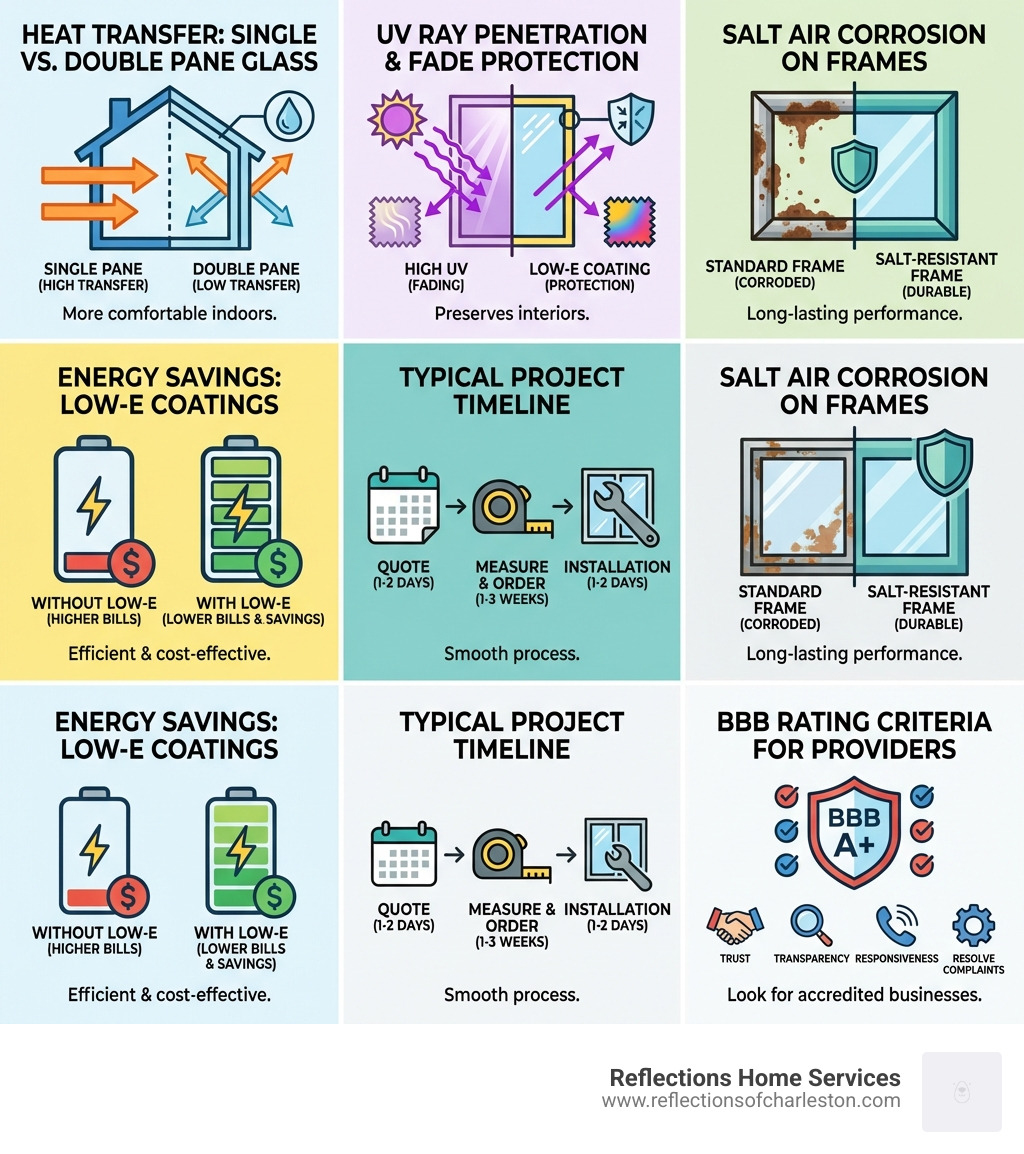 Infographic showing how window quality affects a Mount Pleasant coastal home: heat transfer through single vs double pane glass, UV ray penetration, salt air corrosion on frames, energy savings from low-E coatings, typical project timeline from quote to installation, and BBB rating criteria for local window service providers - mount pleasant window service infographic Infographic showing how window quality affects a Mount Pleasant coastal home: heat transfer through single vs double pane glass, UV ray penetration, salt air corrosion on frames, energy savings from low-E coatings, typical project timeline from quote to installation, and BBB rating criteria for local window service providers - mount pleasant window service infographic