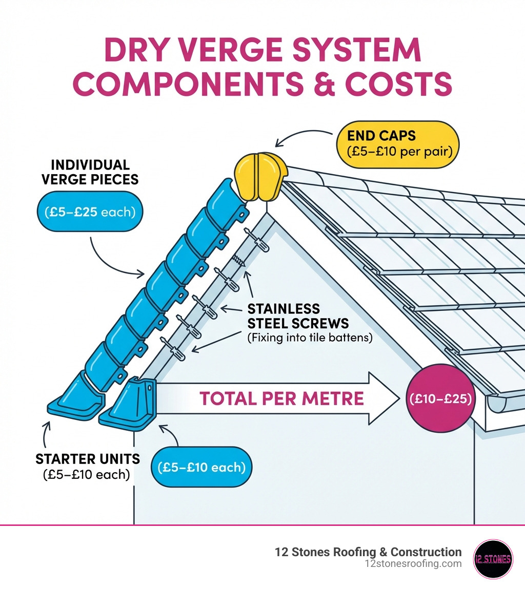 Infographic showing dry verge system components: starter units at the bottom of each verge, individual verge pieces stacked up each course of tiles, end caps at the ridge apex, and stainless steel screws fixing into tile battens — with cost ranges labeled for each component (starter units £5–£10 each, verge pieces £5–£25 each, end caps £5–£10 per pair, total per metre £10–£25) - dry verge installation cost infographic Infographic showing dry verge system components: starter units at the bottom of each verge, individual verge pieces stacked up each course of tiles, end caps at the ridge apex, and stainless steel screws fixing into tile battens — with cost ranges labeled for each component (starter units £5–£10 each, verge pieces £5–£25 each, end caps £5–£10 per pair, total per metre £10–£25) - dry verge installation cost infographic