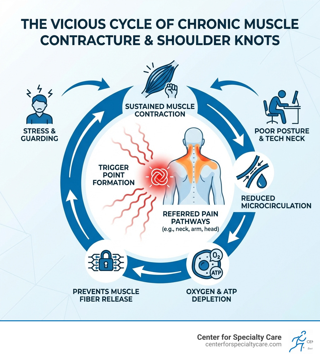 Infographic showing the vicious cycle of chronic muscle contracture: sustained muscle contraction leads to reduced microcirculation, which causes oxygen and ATP depletion, which prevents muscle fibers from releasing, which causes more contraction — with labels for trigger point formation, referred pain pathways, and the role of stress and poor posture in maintaining the cycle - knot in shoulder blade won t go away infographic 