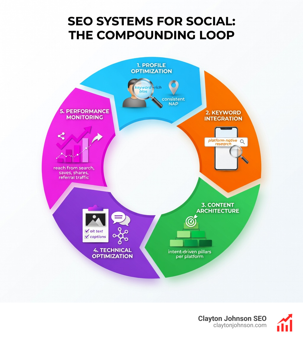 Infographic showing the 5 components of an SEO system for social: (1) Profile Optimization with keyword-rich bios and consistent NAP, (2) Keyword Integration using platform-native research for each post, (3) Content Architecture built around intent-driven pillars per platform, (4) Technical Optimization covering alt text, captions, filenames, and link hubs, (5) Performance Monitoring tracking reach from search, saves, shares, and referral traffic — with arrows showing how each layer feeds the next in a compounding loop - seo systems for social infographic Infographic showing the 5 components of an SEO system for social: (1) Profile Optimization with keyword-rich bios and consistent NAP, (2) Keyword Integration using platform-native research for each post, (3) Content Architecture built around intent-driven pillars per platform, (4) Technical Optimization covering alt text, captions, filenames, and link hubs, (5) Performance Monitoring tracking reach from search, saves, shares, and referral traffic — with arrows showing how each layer feeds the next in a compounding loop - seo systems for social infographic