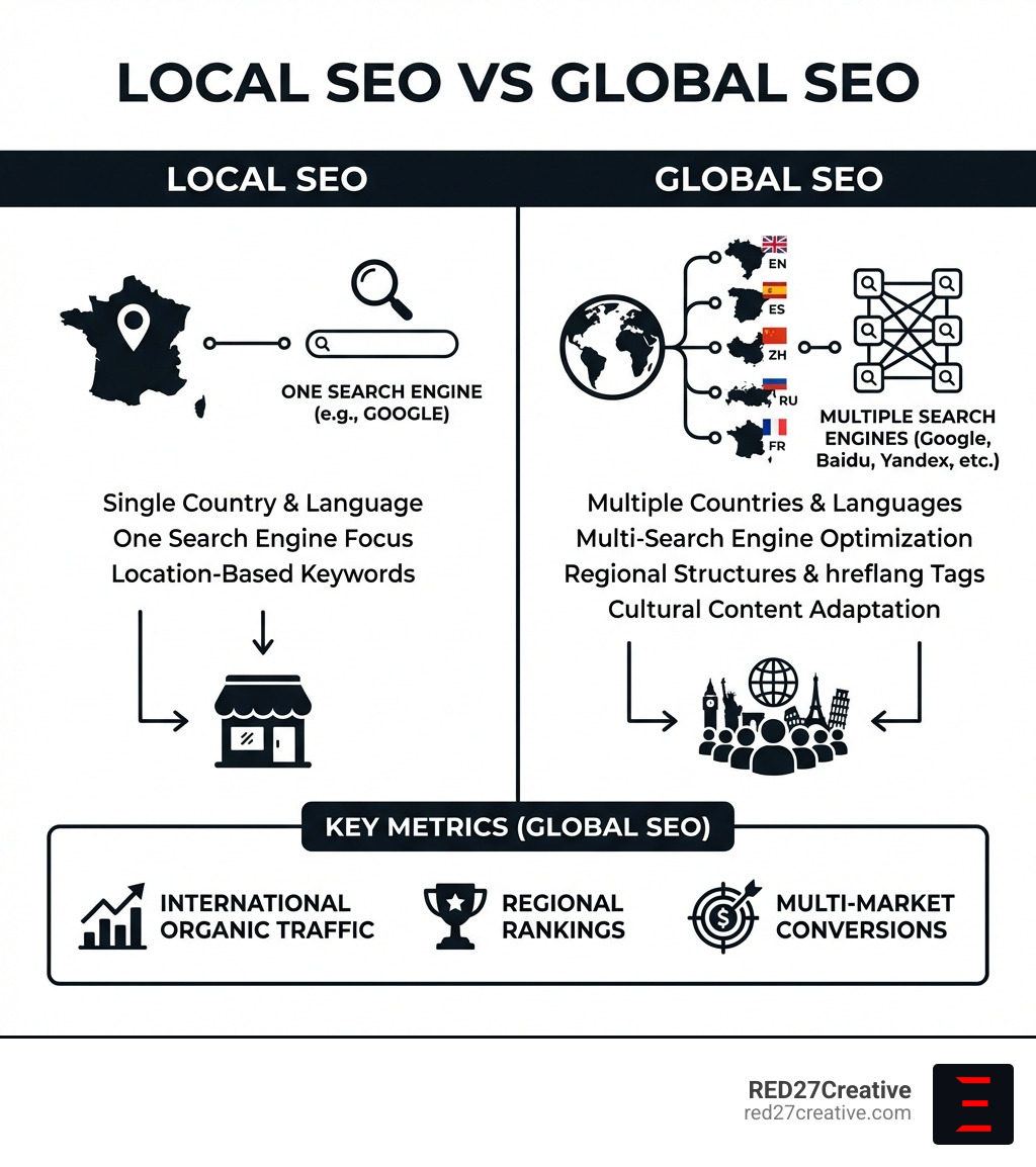 Infographic comparing local SEO vs global SEO: local SEO targets one country with one language, one search engine focus, and location-based keywords; global SEO targets multiple countries, multiple languages, requires hreflang tags and regional site structures, adapts content culturally, and optimizes for multiple search engines including Google, Baidu, and Yandex — with key metrics including international organic traffic, regional rankings, and multi-market conversions - global SEO services infographic Infographic comparing local SEO vs global SEO: local SEO targets one country with one language, one search engine focus, and location-based keywords; global SEO targets multiple countries, multiple languages, requires hreflang tags and regional site structures, adapts content culturally, and optimizes for multiple search engines including Google, Baidu, and Yandex — with key metrics including international organic traffic, regional rankings, and multi-market conversions - global SEO services infographic