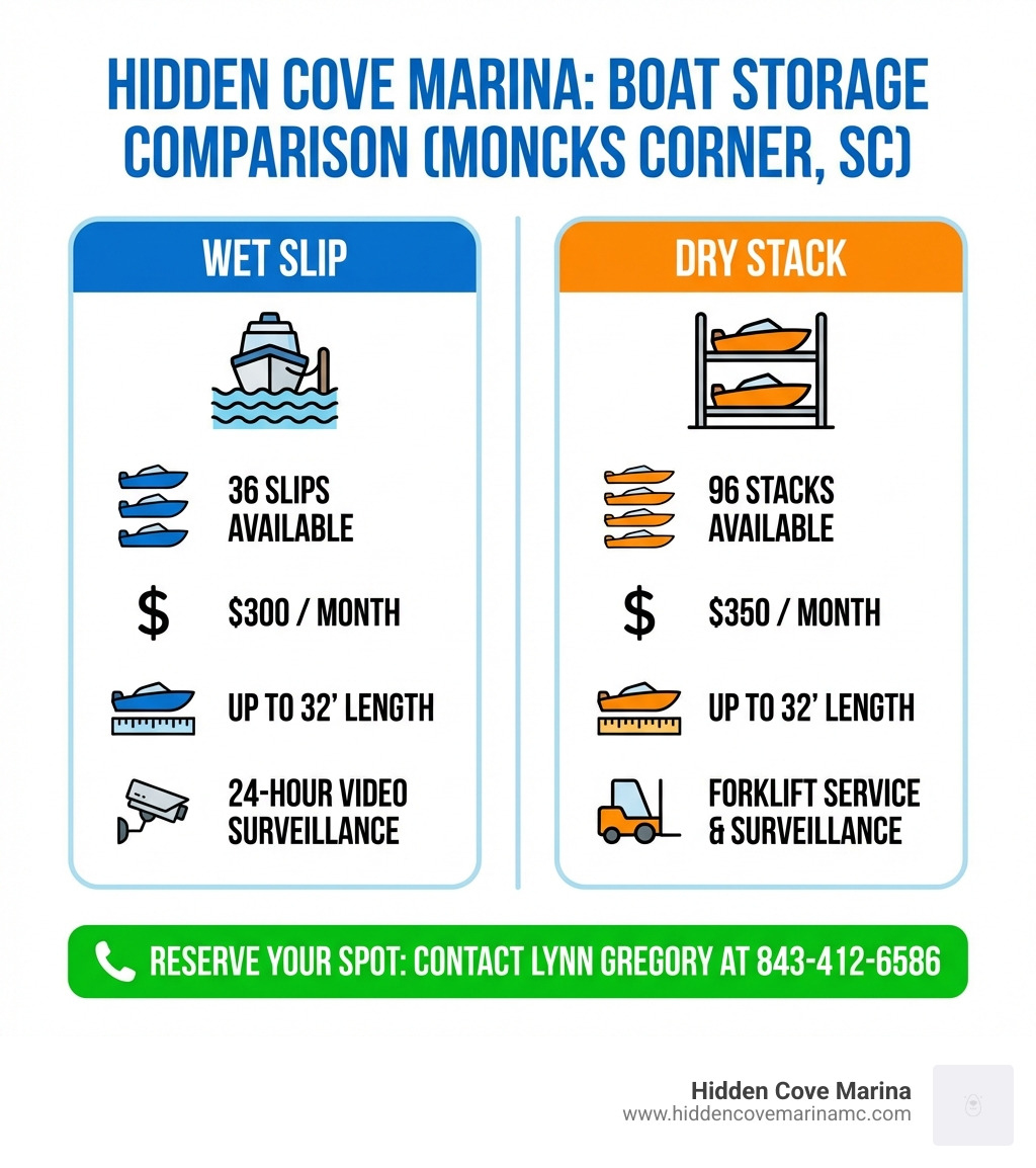 Infographic showing two columns side by side comparing wet slip and dry stack boat storage at Hidden Cove Marina in Moncks Corner SC, including slip counts (36 wet, 96 dry), monthly pricing ($300 wet, $350 dry), boat size limits (28-32 feet), key features like 24-hour video surveillance and forklift service, and a call-to-action to reserve your slip today - boat slip rentals moncks corner infographic Infographic showing two columns side by side comparing wet slip and dry stack boat storage at Hidden Cove Marina in Moncks Corner SC, including slip counts (36 wet, 96 dry), monthly pricing ($300 wet, $350 dry), boat size limits (28-32 feet), key features like 24-hour video surveillance and forklift service, and a call-to-action to reserve your slip today - boat slip rentals moncks corner infographic