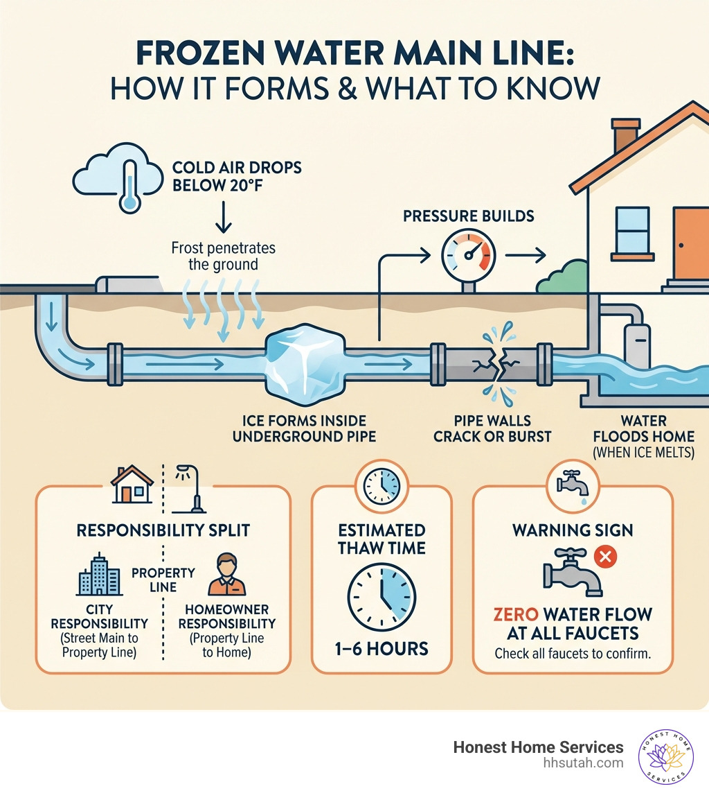 Infographic showing how a frozen water main line forms: cold air drops below 20°F, frost penetrates the ground, ice forms inside the underground service pipe between the street main and the home, pressure builds between the ice blockage and the faucet, pipe walls crack or burst, and water floods the home when the ice melts — with callout boxes showing homeowner vs. city responsibility split at the property line, estimated thaw time of 1–6 hours, and warning signs like zero water flow at all faucets - frozen water main line infographic Infographic showing how a frozen water main line forms: cold air drops below 20°F, frost penetrates the ground, ice forms inside the underground service pipe between the street main and the home, pressure builds between the ice blockage and the faucet, pipe walls crack or burst, and water floods the home when the ice melts — with callout boxes showing homeowner vs. city responsibility split at the property line, estimated thaw time of 1–6 hours, and warning signs like zero water flow at all faucets - frozen water main line infographic