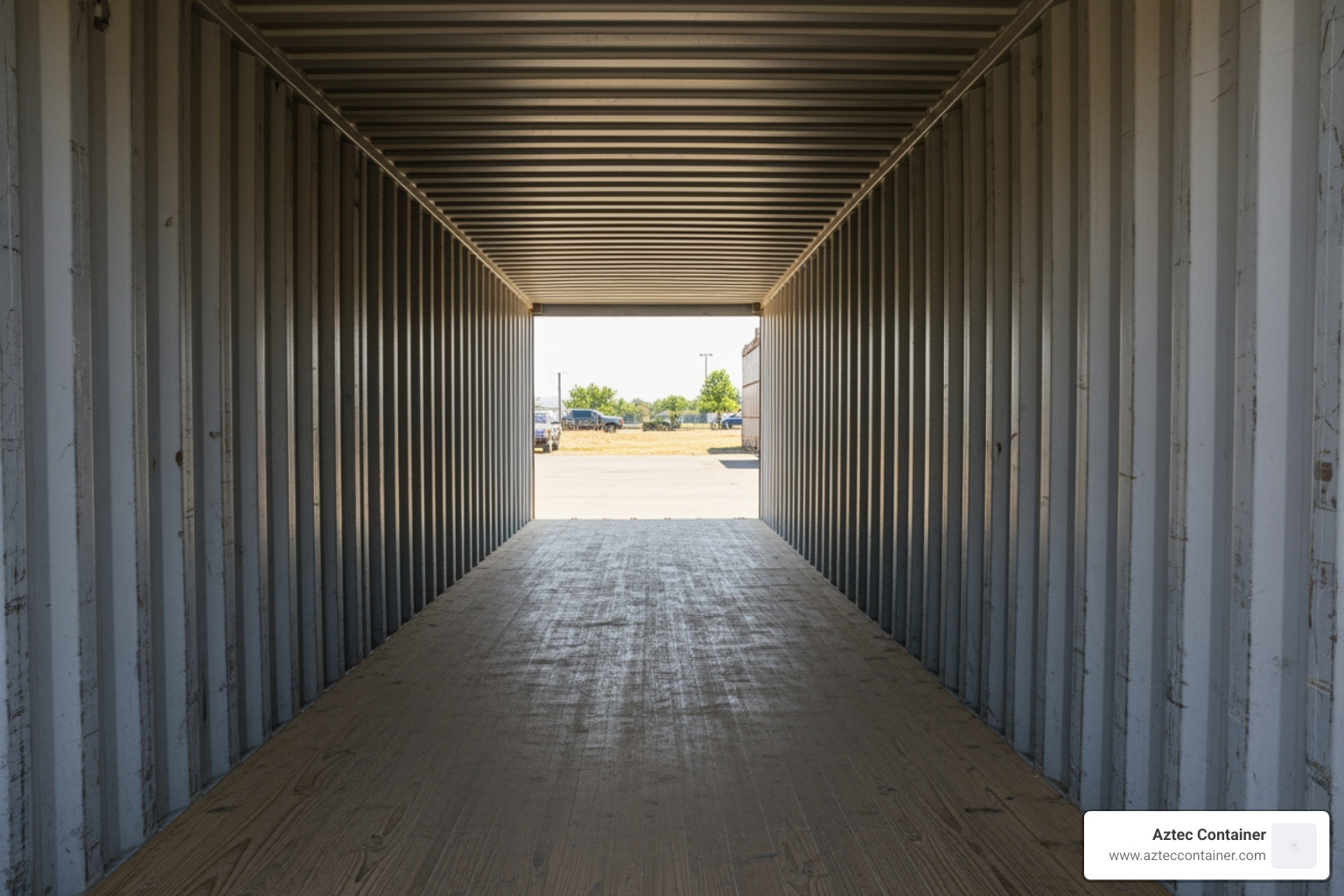 Interior of a standard 40-foot steel container showing the length and width of the wooden floor and corrugated steel walls - 40 feet container inside dimensions