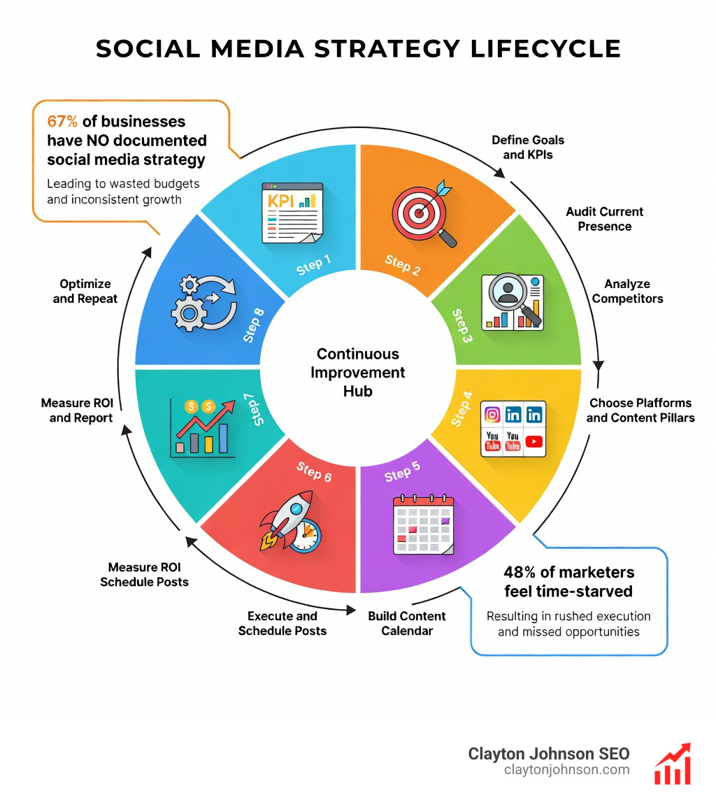 Infographic showing the social media strategy lifecycle: Step 1 Define Goals and KPIs, Step 2 Audit Current Presence, Step 3 Analyze Competitors, Step 4 Choose Platforms and Content Pillars, Step 5 Build Content Calendar, Step 6 Execute and Schedule Posts, Step 7 Measure ROI and Report, Step 8 Optimize and Repeat — with icons for each stage, a circular flow diagram, and callout stats showing 67% of businesses have no documented strategy and 48% of marketers feel time-starved - social media marketing strategy template free infographic 