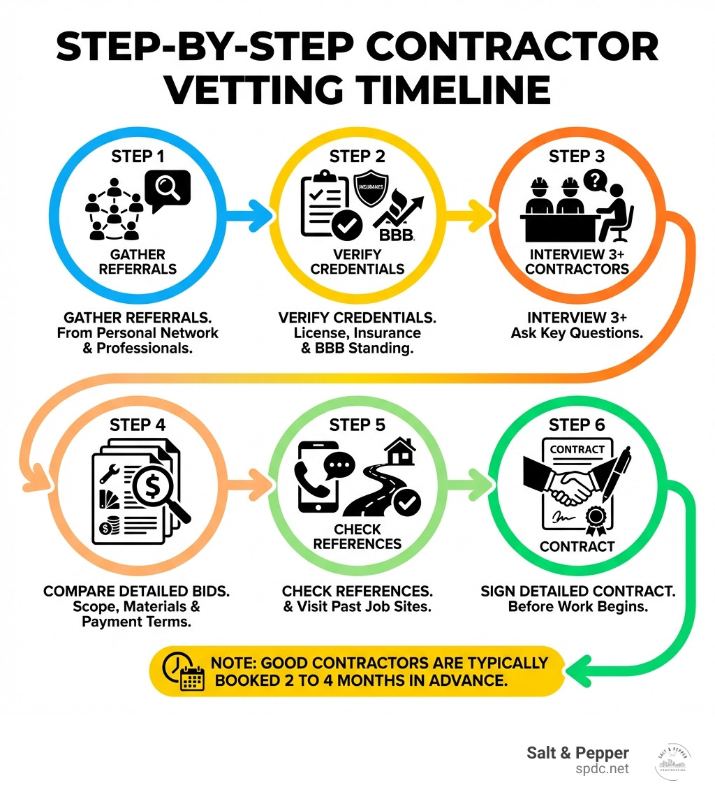 Infographic showing a step-by-step contractor vetting timeline: Step 1 gather referrals from personal network and professionals, Step 2 verify license insurance and BBB standing, Step 3 interview 3 or more contractors with key questions, Step 4 compare detailed written bids on scope materials and payment terms, Step 5 check references and visit past job sites, Step 6 sign a detailed contract before work begins, with a note that good contractors are typically booked 2 to 4 months in advance - finding a contractor for remodeling infographic Infographic showing a step-by-step contractor vetting timeline: Step 1 gather referrals from personal network and professionals, Step 2 verify license insurance and BBB standing, Step 3 interview 3 or more contractors with key questions, Step 4 compare detailed written bids on scope materials and payment terms, Step 5 check references and visit past job sites, Step 6 sign a detailed contract before work begins, with a note that good contractors are typically booked 2 to 4 months in advance - finding a contractor for remodeling infographic