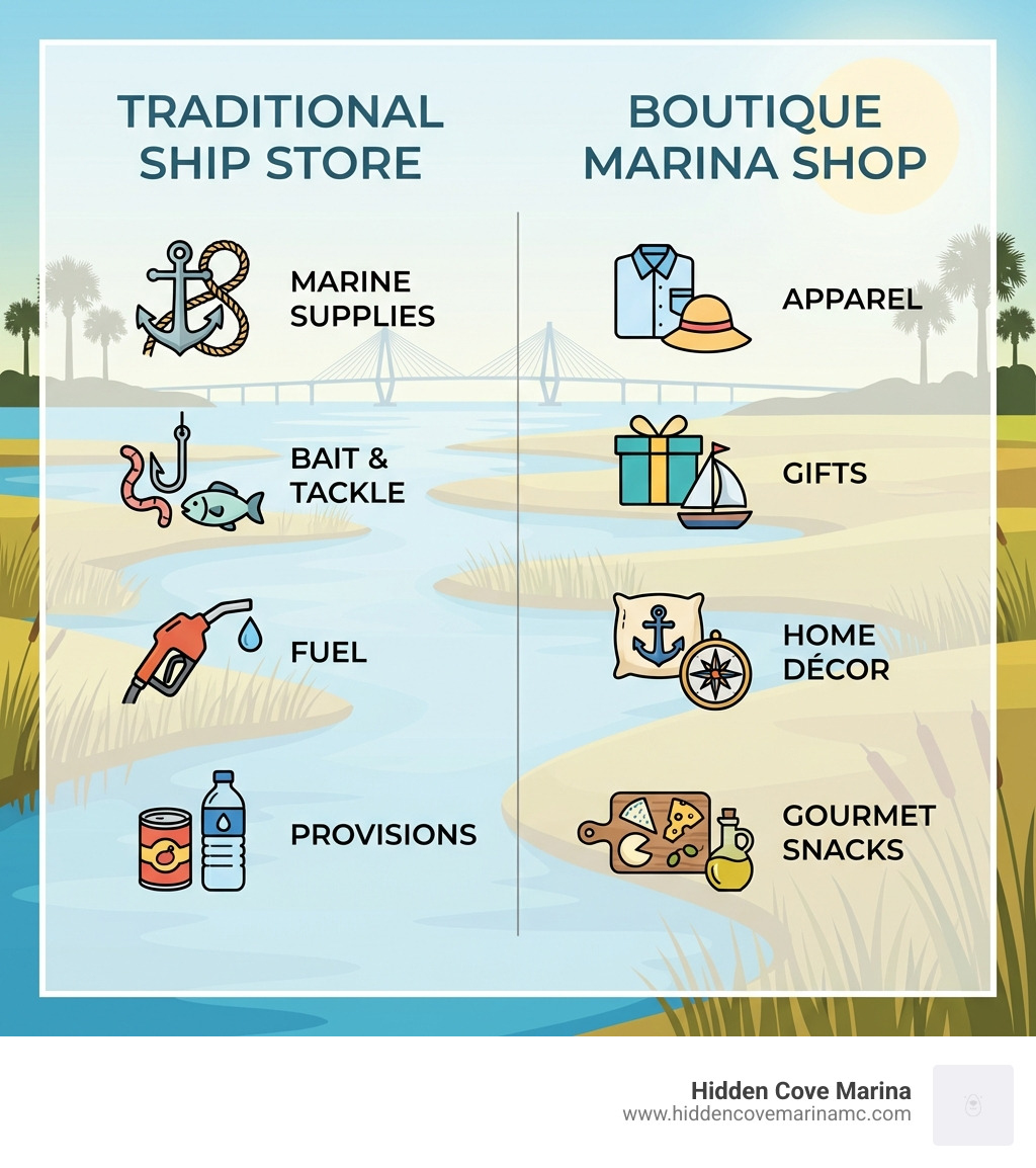 Infographic comparing a traditional ship store (selling marine supplies, bait, tackle, fuel, and provisions) versus a boutique marina shop (selling apparel, gifts, home décor, and gourmet snacks), shown side by side with icons and labels for each category, set against a Lowcountry coastal background - ship store charleston infographic Infographic comparing a traditional ship store (selling marine supplies, bait, tackle, fuel, and provisions) versus a boutique marina shop (selling apparel, gifts, home décor, and gourmet snacks), shown side by side with icons and labels for each category, set against a Lowcountry coastal background - ship store charleston infographic