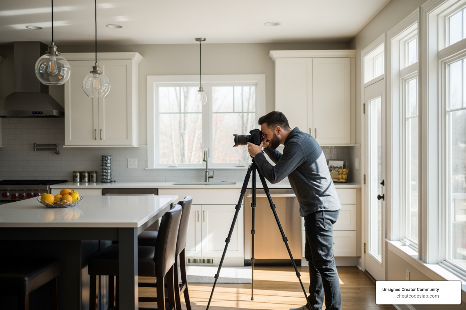 A photographer setting up a tripod in a sunlit kitchen to capture the perfect wide-angle shot - affordable real estate photography