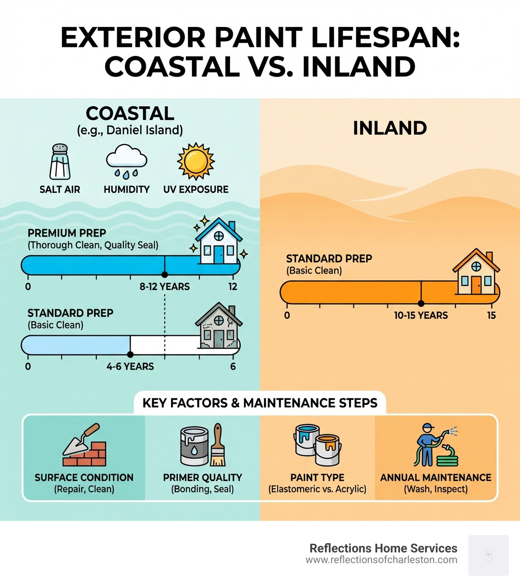 Infographic comparing coastal vs. inland paint lifespan: coastal homes with salt air, humidity, and UV exposure showing paint lasting 8-12 years with premium prep vs. 4-6 years with standard prep; inland homes showing 10-15 years with standard prep; key factors listed include surface condition, primer quality, paint type (elastomeric vs. acrylic), and annual maintenance steps - Daniel Island exterior painters infographic 