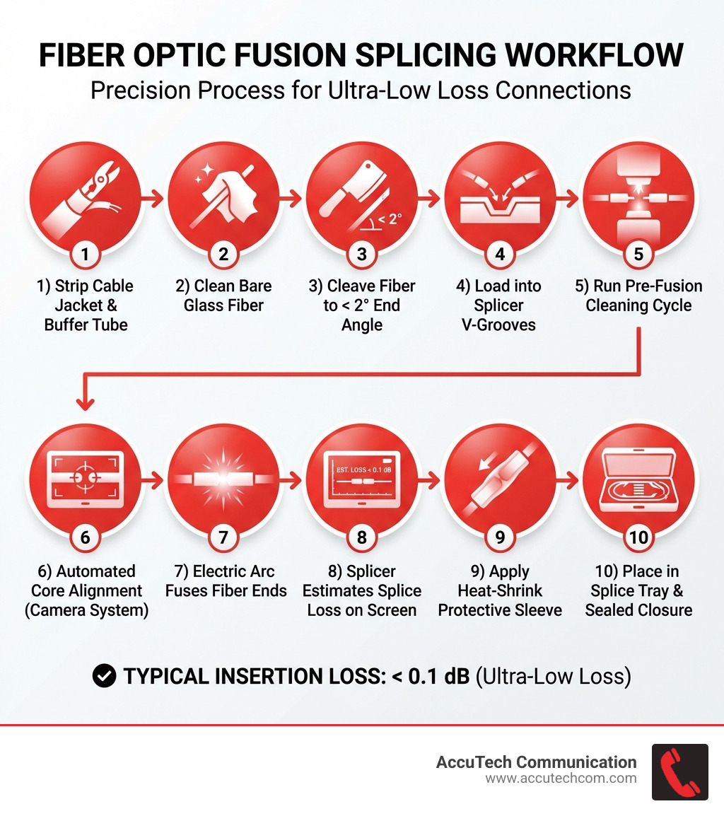 Step-by-step infographic showing the fiber optic fusion splicing workflow: 1) Strip cable jacket and buffer tube, 2) Clean bare glass fiber, 3) Cleave fiber to under 2 degrees end angle, 4) Load fiber ends into fusion splicer V-grooves, 5) Run pre-fusion cleaning cycle, 6) Automated core alignment using camera system, 7) Electric arc fuses the two fiber ends together, 8) Splicer estimates splice loss on screen, 9) Apply heat-shrink protective sleeve, 10) Place finished splice in splice tray inside sealed closure — with typical insertion loss result shown as less than 0.1 dB - Fiber optic fusion splicing infographic 