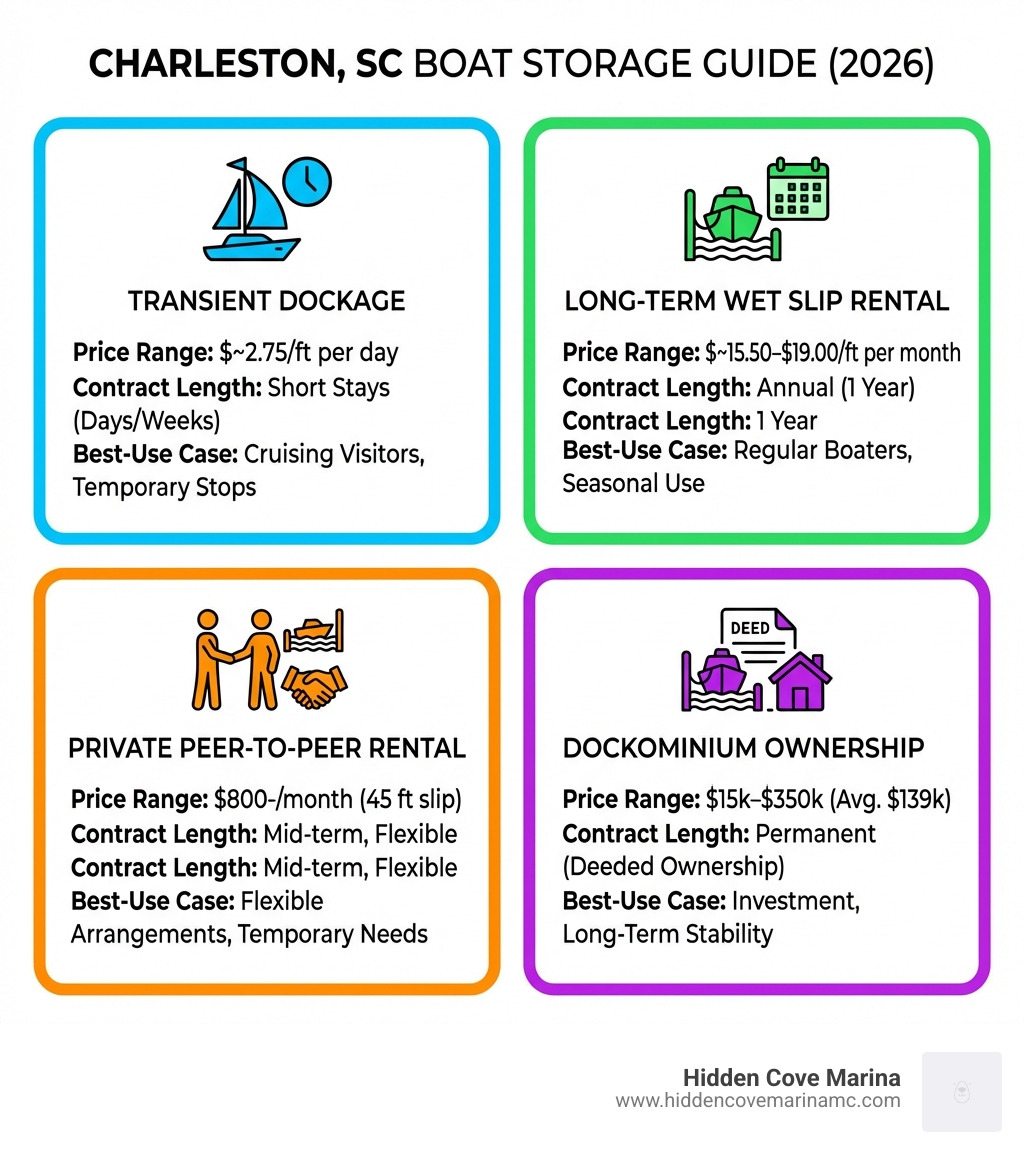 Infographic showing the four types of boat storage in Charleston SC — transient dockage, long-term wet slip rental, private peer-to-peer slip rental, and dockominium ownership — with typical price ranges, contract lengths, and best-use cases for each option - boat slip charleston sc infographic Infographic showing the four types of boat storage in Charleston SC — transient dockage, long-term wet slip rental, private peer-to-peer slip rental, and dockominium ownership — with typical price ranges, contract lengths, and best-use cases for each option - boat slip charleston sc infographic