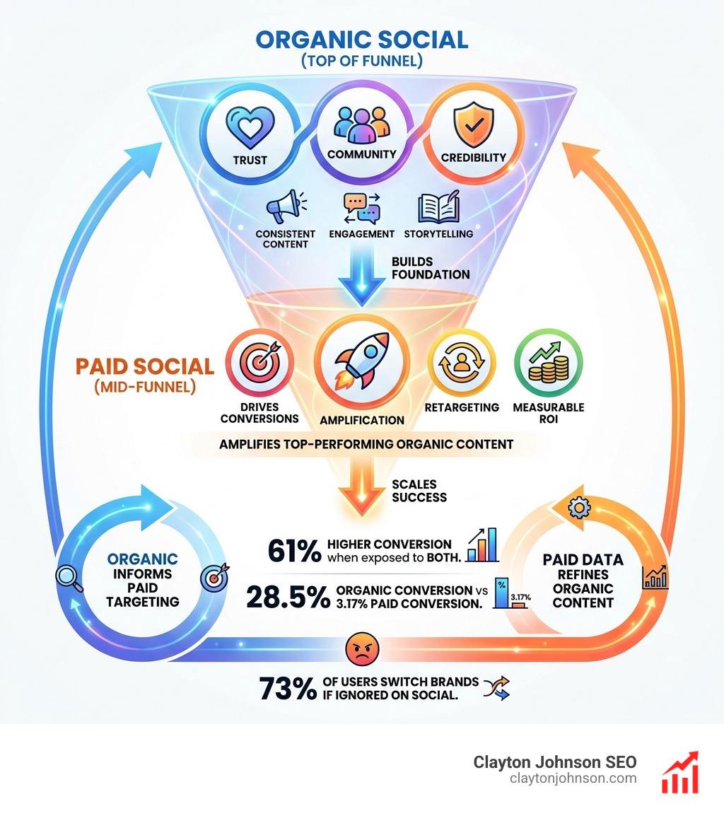 Infographic showing the hybrid social media funnel: Organic social builds brand trust, community, and credibility at the top of the funnel through consistent content, engagement, and storytelling — while paid social amplifies top-performing organic content mid-funnel to drive conversions, retargeting, and measurable ROI. The two strategies feed each other in a loop: organic informs paid targeting, and paid data refines organic content. Key stats included: 61% higher conversion when exposed to both organic and paid; organic search converts at 28.5% vs 3.17% for paid; 73% of users will switch brands if ignored on social. - organic social media marketing strategy infographic 