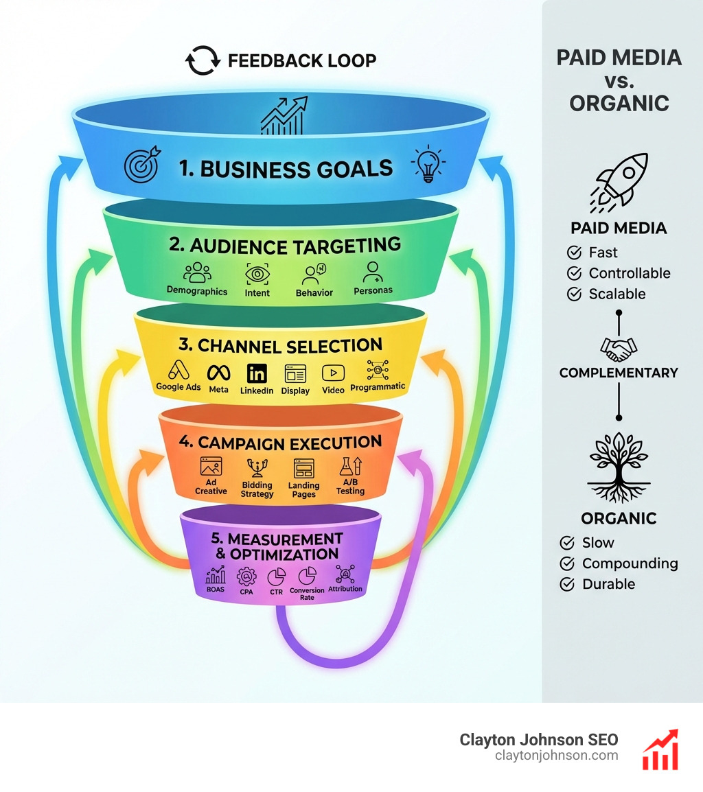 Infographic showing the paid media ecosystem: a funnel diagram with five layers — (1) Business Goals at the top, flowing into (2) Audience Targeting (demographics, intent, behavior, personas), then (3) Channel Selection (Google Ads, Meta, LinkedIn, Display, Video, Programmatic), then (4) Campaign Execution (ad creative, bidding strategy, landing pages, A/B testing), and finally (5) Measurement & Optimization at the bottom (ROAS, CPA, CTR, conversion rate, attribution). Arrows connect each layer showing feedback loops between measurement and goals. A sidebar compares Paid Media vs Organic: Paid = fast, controllable, scalable; Organic = slow, compounding, durable. Both shown as complementary, not competing. - Paid Advertising Strategy infographic 