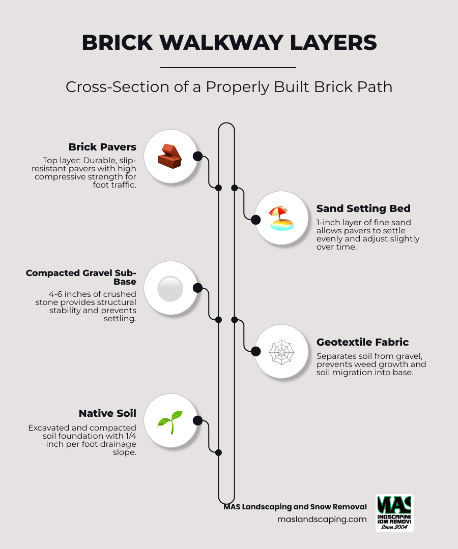 Infographic showing the structural layers of a brick walkway from top to bottom: brick pavers on top, then 1-inch sand setting bed, then 4-6 inch compacted gravel sub-base, then geotextile landscape fabric, then native soil at the bottom; with labels for each layer and a note about drainage slope of 1/4 inch per foot - brick walkway contractors infographic infographic-line-5-steps-elegant_beige Infographic showing the structural layers of a brick walkway from top to bottom: brick pavers on top, then 1-inch sand setting bed, then 4-6 inch compacted gravel sub-base, then geotextile landscape fabric, then native soil at the bottom; with labels for each layer and a note about drainage slope of 1/4 inch per foot - brick walkway contractors infographic infographic-line-5-steps-elegant_beige