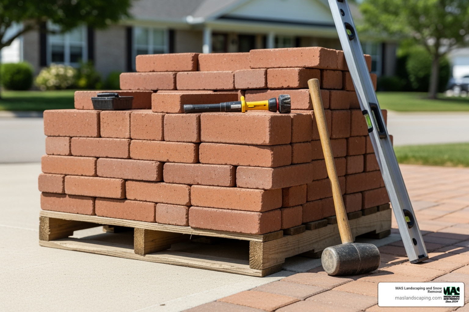 A pallet of red clay brick pavers sitting on a driveway next to professional masonry tools like a rubber mallet and a level - brick walkway contractors A pallet of red clay brick pavers sitting on a driveway next to professional masonry tools like a rubber mallet and a level - brick walkway contractors