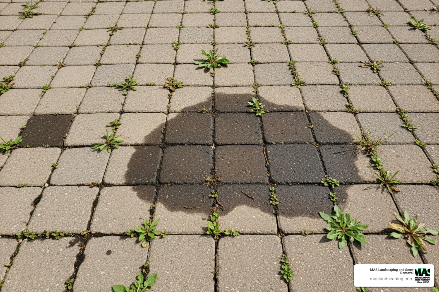 unsealed pavers with weeds and stains - Paver Sealing Near Me