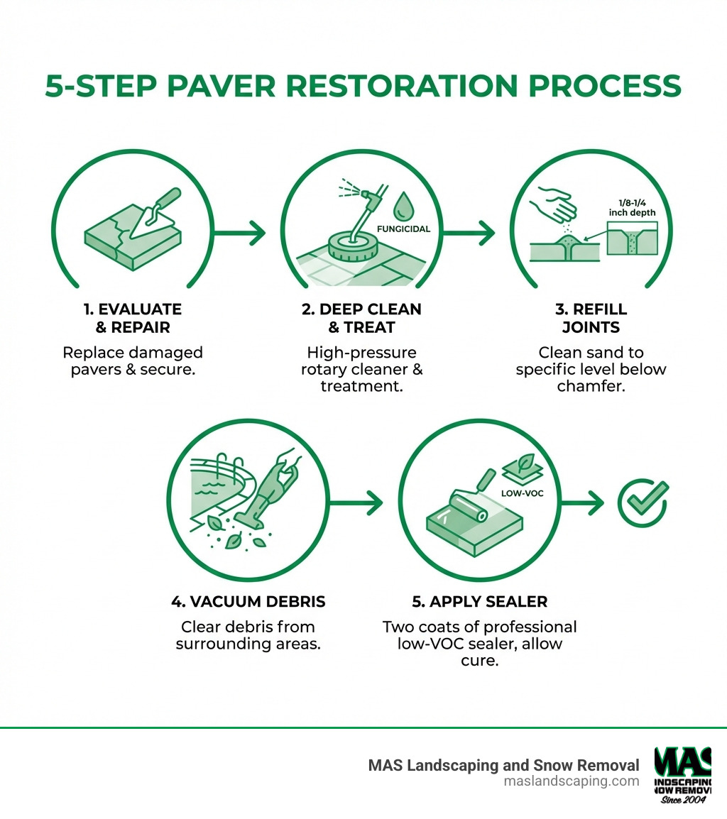 Infographic showing 5-step paver restoration process: Step 1 - Evaluate and repair damaged pavers, Step 2 - Deep clean with high-pressure rotary cleaner and fungicidal treatment, Step 3 - Refill joints with clean sand to 1/8 to 1/4 inch below chamfer edge, Step 4 - Vacuum debris from surrounding pool or surface, Step 5 - Apply two coats of professional-grade low-VOC sealer and allow to cure - Paver Sealing Near Me infographic 