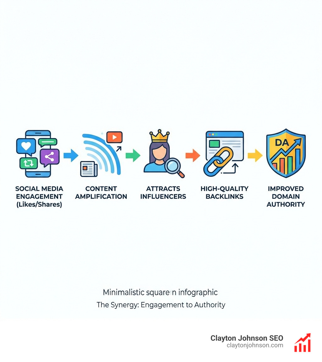 Infographic showing how social media engagement (likes/shares) leads to content amplification, which attracts influencers, resulting in high-quality backlinks and improved domain authority - seo social media marketing services infographic Infographic showing how social media engagement (likes/shares) leads to content amplification, which attracts influencers, resulting in high-quality backlinks and improved domain authority - seo social media marketing services infographic