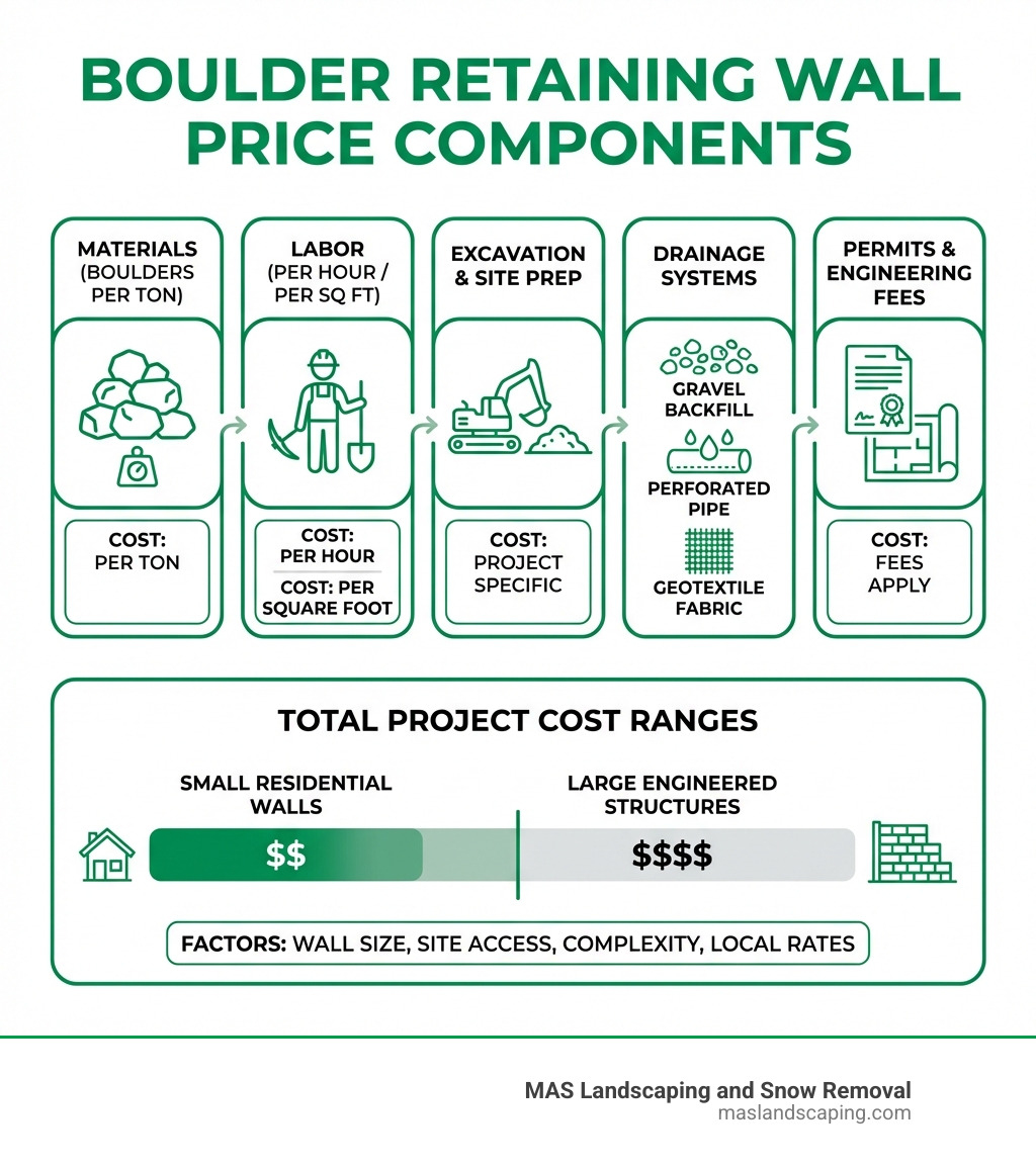 Infographic showing the primary cost components of a boulder retaining wall project: materials (boulders per ton), labor (per hour and per square foot), excavation and site prep, drainage systems (gravel backfill, perforated pipe, geotextile fabric), permits and engineering fees, and total project cost ranges from small residential walls to large engineered structures - boulder retaining wall price infographic 