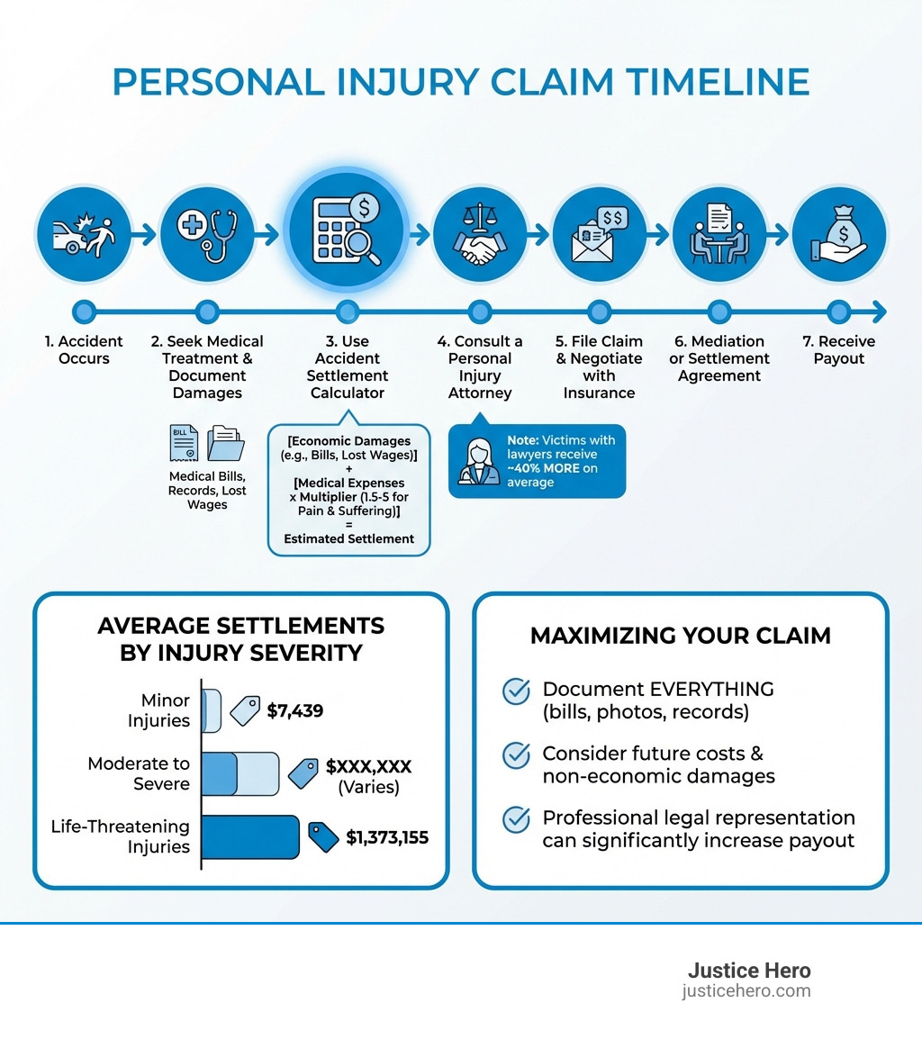 Infographic showing the personal injury claim timeline: step 1 accident occurs, step 2 seek medical treatment and document damages, step 3 use an accident settlement calculator to estimate economic and non-economic damages using the multiplier method, step 4 consult a personal injury attorney, step 5 file claim and negotiate with insurance, step 6 mediation or settlement agreement, step 7 receive payout; includes callout boxes showing average settlements by injury severity ranging from $7,439 for minor injuries to $1,373,155 for life-threatening injuries, and a note that victims with lawyers receive 40% more on average - Accident settlement calculator infographic 