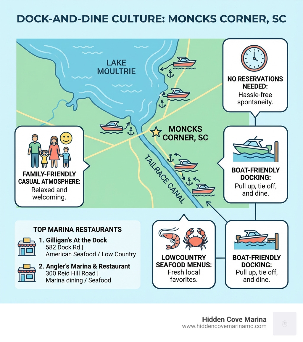 Infographic showing dock-and-dine culture in Moncks Corner SC: a map of Lake Moultrie and Tailrace Canal waterways, icons for boat tie-off access, a list of top marina restaurants with addresses and cuisines, and callout boxes highlighting key benefits including no reservations needed, boat-friendly docking, Lowcountry seafood menus, and family-friendly casual atmosphere - marina restaurant moncks corner infographic Infographic showing dock-and-dine culture in Moncks Corner SC: a map of Lake Moultrie and Tailrace Canal waterways, icons for boat tie-off access, a list of top marina restaurants with addresses and cuisines, and callout boxes highlighting key benefits including no reservations needed, boat-friendly docking, Lowcountry seafood menus, and family-friendly casual atmosphere - marina restaurant moncks corner infographic