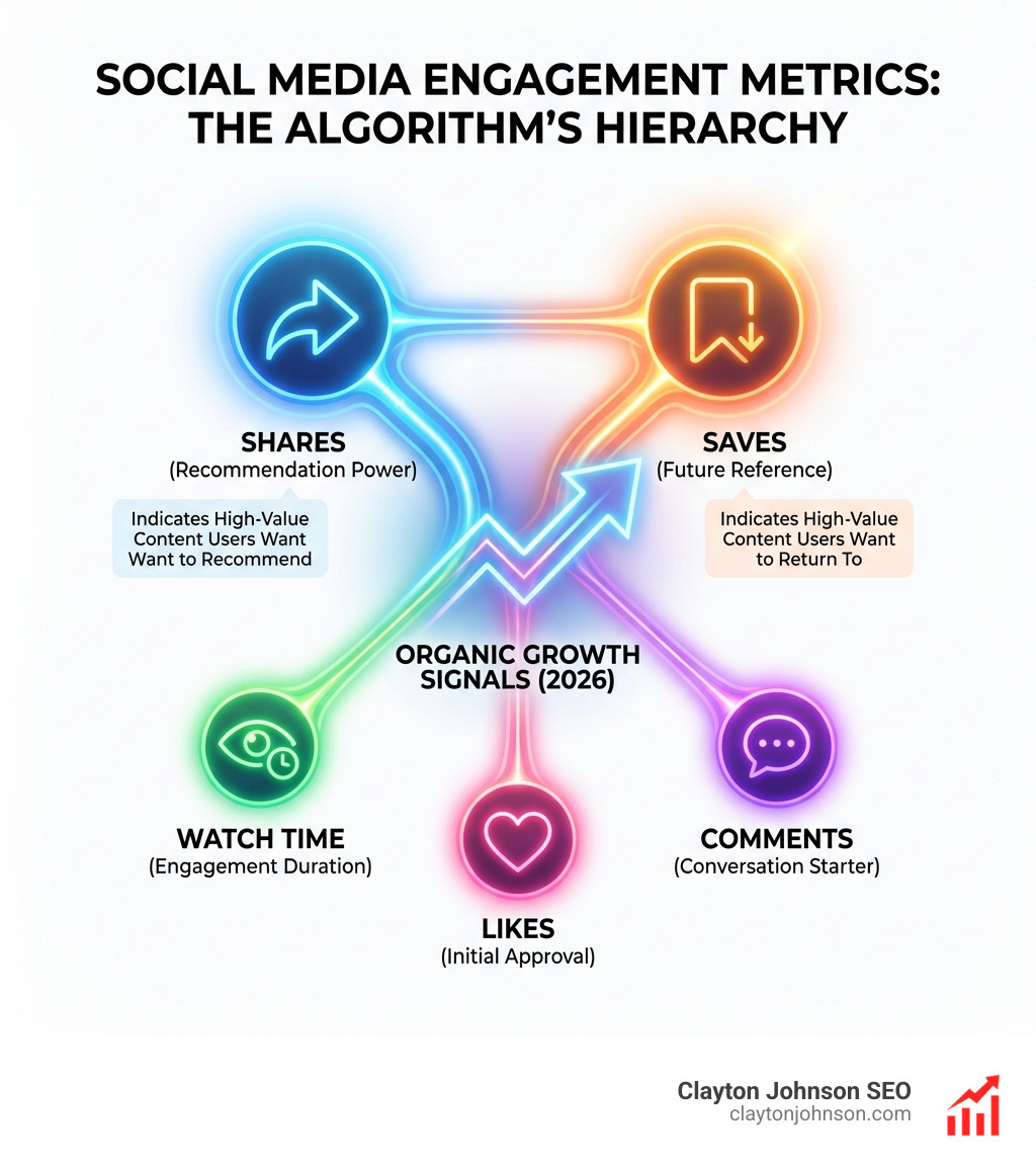 Infographic detailing social media engagement metrics: Watch time, Likes, Comments, Shares, and Saves. It explains that 'Saves' and 'Shares' are the most powerful signals for organic growth in the current algorithm landscape, as they indicate high-value content that users want to return to or recommend. - organic social media marketing strategy infographic 