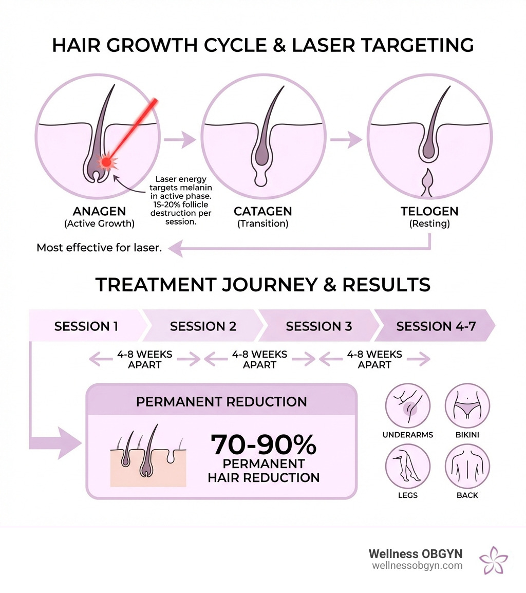 Infographic showing the three stages of hair growth (anagen, catagen, telogen), how laser energy targets melanin in the active anagen phase to destroy 15-20% of follicles per session, and a timeline showing 4-7 treatments spaced 4-8 weeks apart leading to 70-90% permanent hair reduction, with icons for common Honolulu treatment areas including underarms, bikini, legs, and back - laser hair removal honolulu infographic 