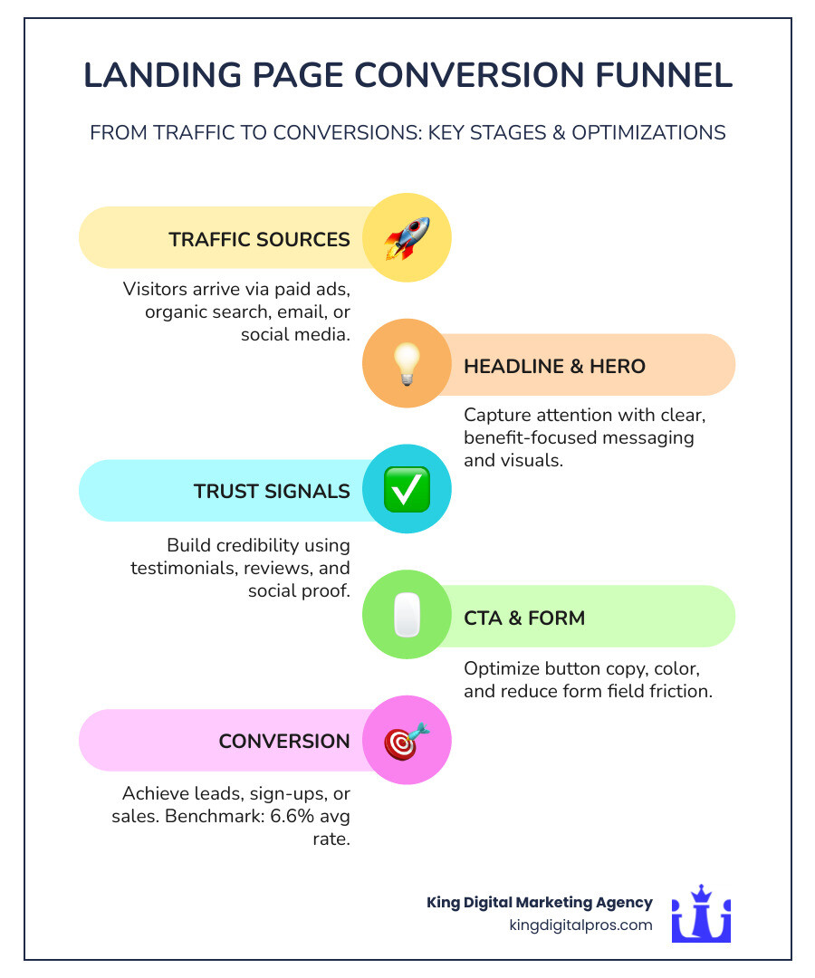 Infographic showing the landing page conversion funnel: Traffic enters at the top (paid ads, organic search, email, social media), flows through landing page elements (headline, hero image, CTA, trust signals, form), and exits at the bottom as conversions (leads, sign-ups, purchases). Each stage is labeled with key optimisation levers and drop-off risks. Conversion rate benchmark of 6.6% is highlighted at the bottom. - landing page optimisation infographic infographic-line-5-steps-colors Infographic Showing The Landing Page Conversion Funnel: Traffic Enters At The Top (Paid Ads, Organic Search, Email, Social Media), Flows Through Landing Page Elements (Headline, Hero Image, Cta, Trust Signals, Form), And Exits At The Bottom As Conversions (Leads, Sign-Ups, Purchases). Each Stage Is Labeled With Key Optimisation Levers And Drop-Off Risks. Conversion Rate Benchmark Of 6.6% Is Highlighted At The Bottom. - Landing Page Optimisation Infographic Infographic-Line-5-Steps-Colors