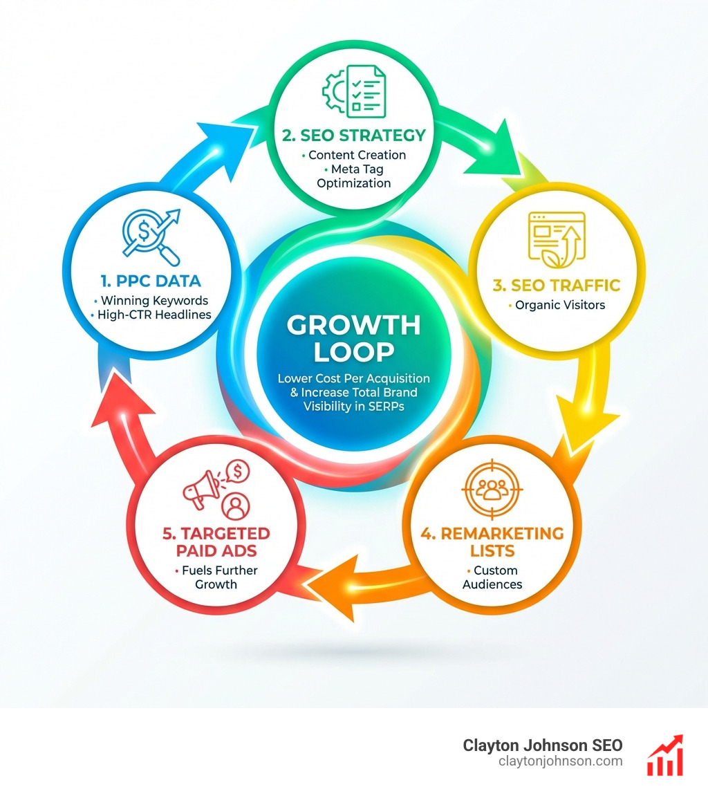 Graphic showing the synergy between SEO and PPC: A circular diagram where (1) PPC Data (winning keywords, high-CTR headlines) feeds into (2) SEO Strategy (content creation, meta tag optimization). Then (3) SEO Traffic (organic visitors) feeds into (4) Remarketing Lists (custom audiences), which fuels (5) Targeted Paid Ads. This creates a "Growth Loop" where both channels lower the overall Cost Per Acquisition and increase total brand visibility in the SERPs. - Paid Advertising Strategy infographic 