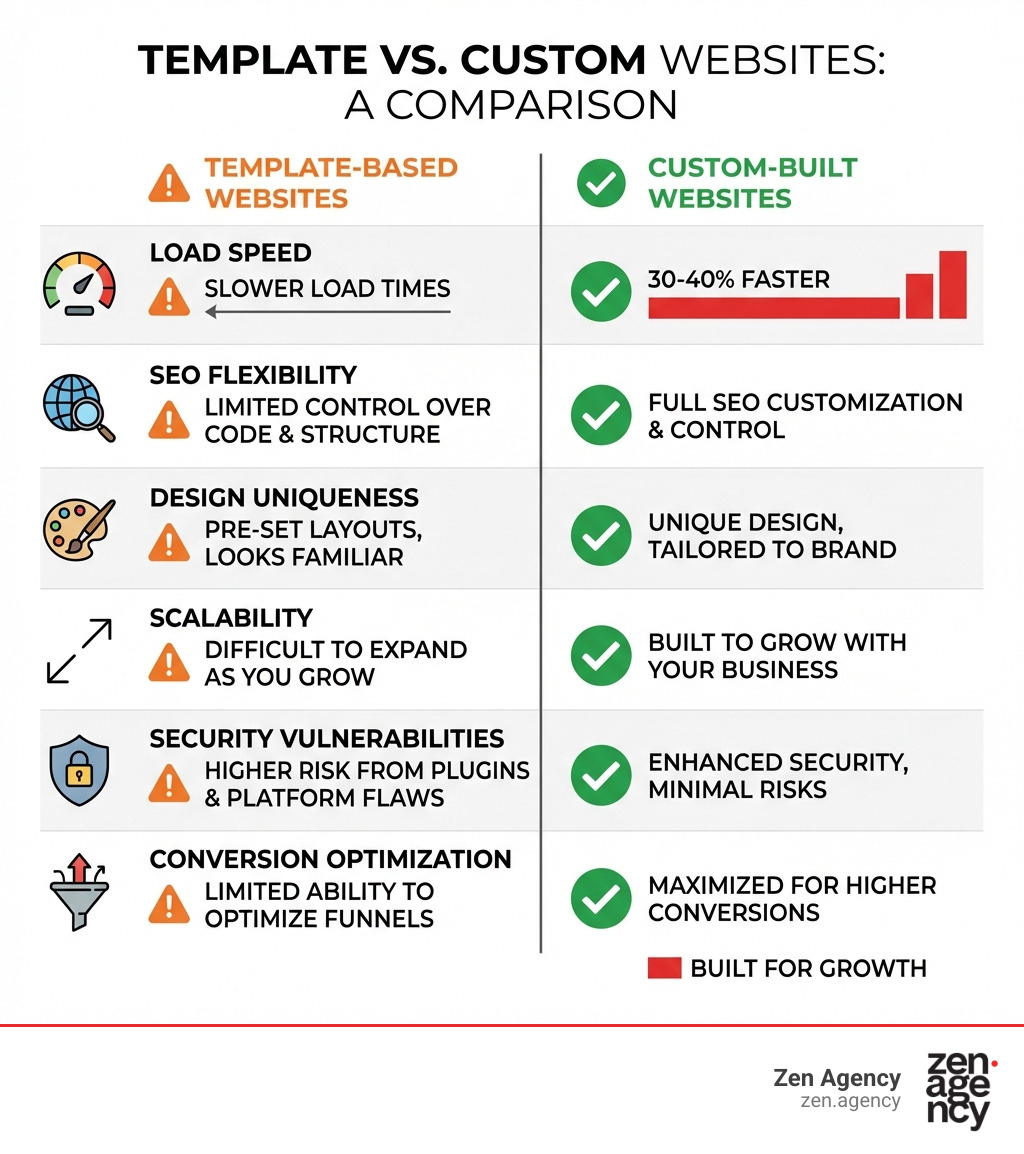 Infographic comparing template-based websites vs. custom-built websites: showing differences in load speed (custom sites load 30-40% faster), SEO flexibility, design uniqueness, scalability, security vulnerabilities from plugins, and conversion optimization potential, with a side-by-side column layout using green checkmarks for custom and orange warnings for templates - Get a custom website infographic Infographic comparing template-based websites vs. custom-built websites: showing differences in load speed (custom sites load 30-40% faster), SEO flexibility, design uniqueness, scalability, security vulnerabilities from plugins, and conversion optimization potential, with a side-by-side column layout using green checkmarks for custom and orange warnings for templates - Get a custom website infographic
