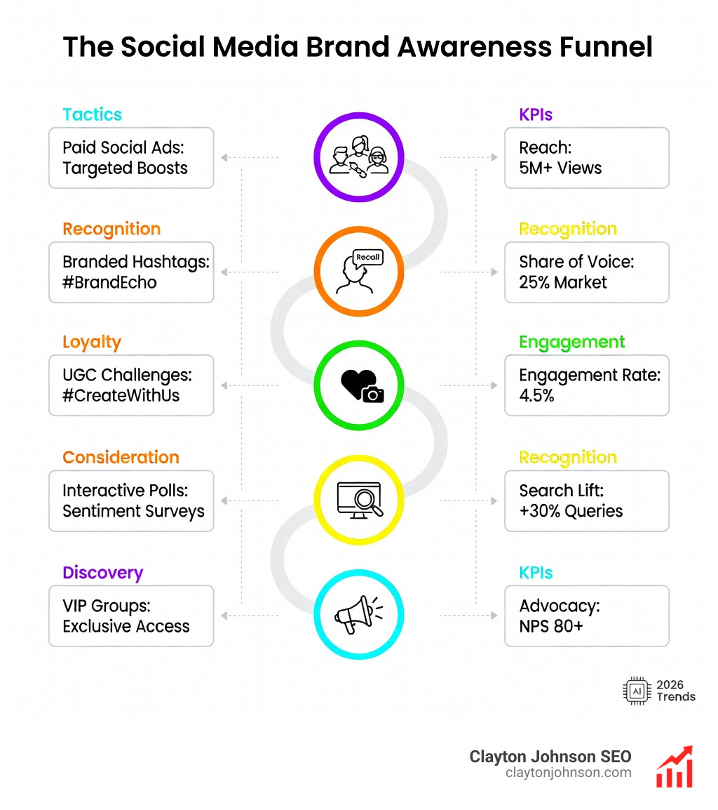 Infographic showing the social media brand awareness funnel with five stages: Discovery (reach and impressions), Recognition (brand recall and share of voice), Engagement (likes, shares, comments, UGC), Consideration (website visits, sentiment, search volume lift), and Loyalty (repeat engagement, community growth, brand advocacy) — with example tactics and KPIs mapped to each stage - social media brand awareness campaigns infographic 