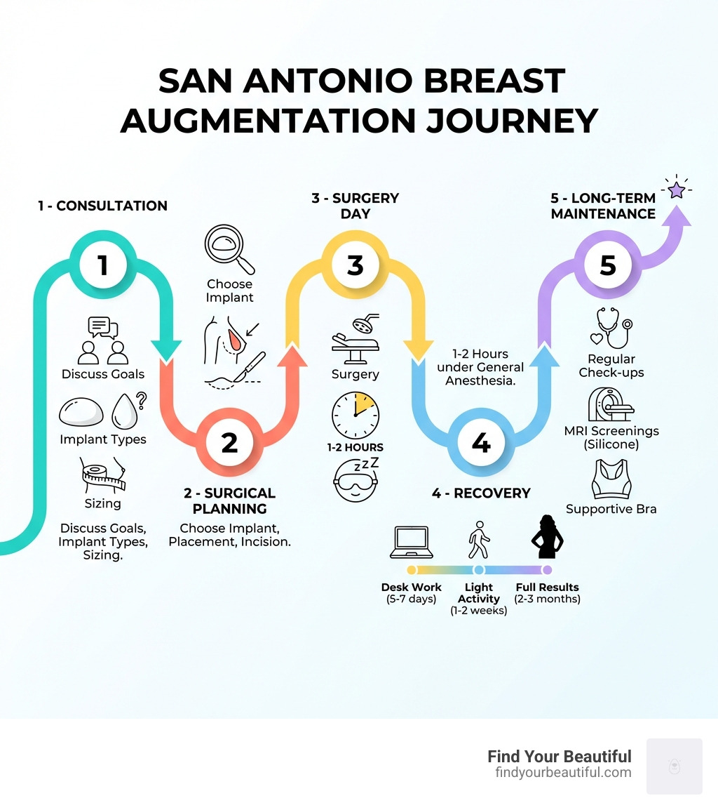 Infographic showing the breast augmentation journey in San Antonio: Step 1 - Consultation (discuss goals, implant types, sizing); Step 2 - Surgical Planning (choose implant, placement, incision); Step 3 - Surgery Day (1-2 hours under general anesthesia); Step 4 - Recovery (desk work in 5-7 days, light activity in 1-2 weeks, full results in 2-3 months); Step 5 - Long-Term Maintenance (regular check-ups, MRI screenings for silicone, supportive bra) - breast augmentation san antonio infographic 