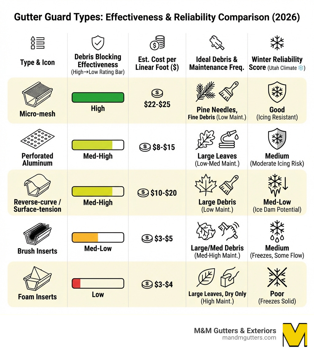 Infographic showing the five main types of gutter leaf guards - micro-mesh, perforated aluminum, reverse-curve, brush inserts, and foam inserts - with icons for each type, a rating bar showing debris blocking effectiveness from high to low, estimated cost per linear foot, ideal debris type handled, maintenance frequency, and a winter reliability score for cold climates like Utah - Best rated leaf guards infographic 