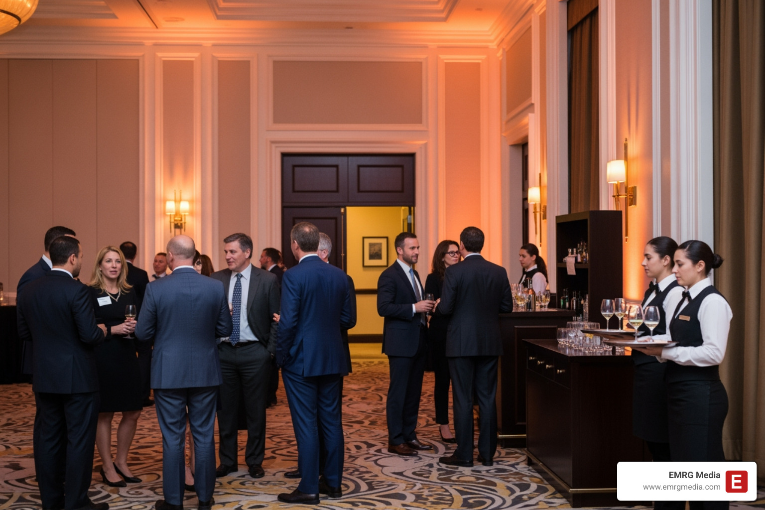 High-end corporate gala with professionals networking and enjoying a seamless event experience - all inclusive party venues