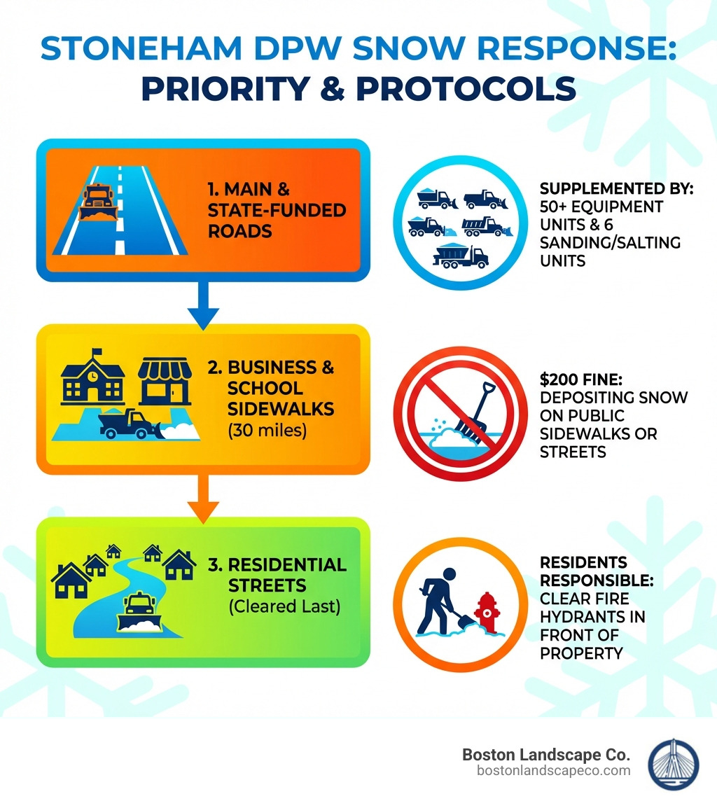 Infographic showing Stoneham DPW snow response priority order: 1. Main roads and state-funded Chapter 90 roads cleared first; 2. Business and school district sidewalks (30 miles); 3. Residential streets cleared last; supplemented by 50+ equipment units and 6 sanding/salting units; $200 fine for depositing snow on public sidewalks or streets; residents responsible for clearing fire hydrants in front of their property - snow plowing Stoneham MA infographic 