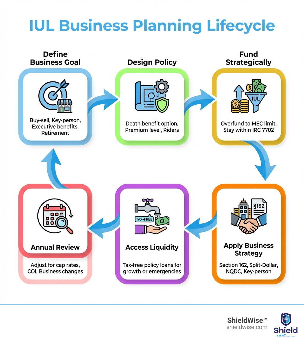 Infographic showing the IUL business planning lifecycle: Step 1 - Define business goal (buy-sell, key-person, executive benefits, retirement); Step 2 - Design policy (death benefit option, premium level, riders); Step 3 - Fund strategically (overfund up to MEC limit, stay within IRC 7702); Step 4 - Apply business strategy (Section 162, Split-Dollar, NQDC, key-person); Step 5 - Access liquidity (tax-free policy loans for growth or emergencies); Step 6 - Annual review (adjust for cap rates, COI, business changes); with icons for each step and arrows showing progression - how to structure iul for business planning infographic 