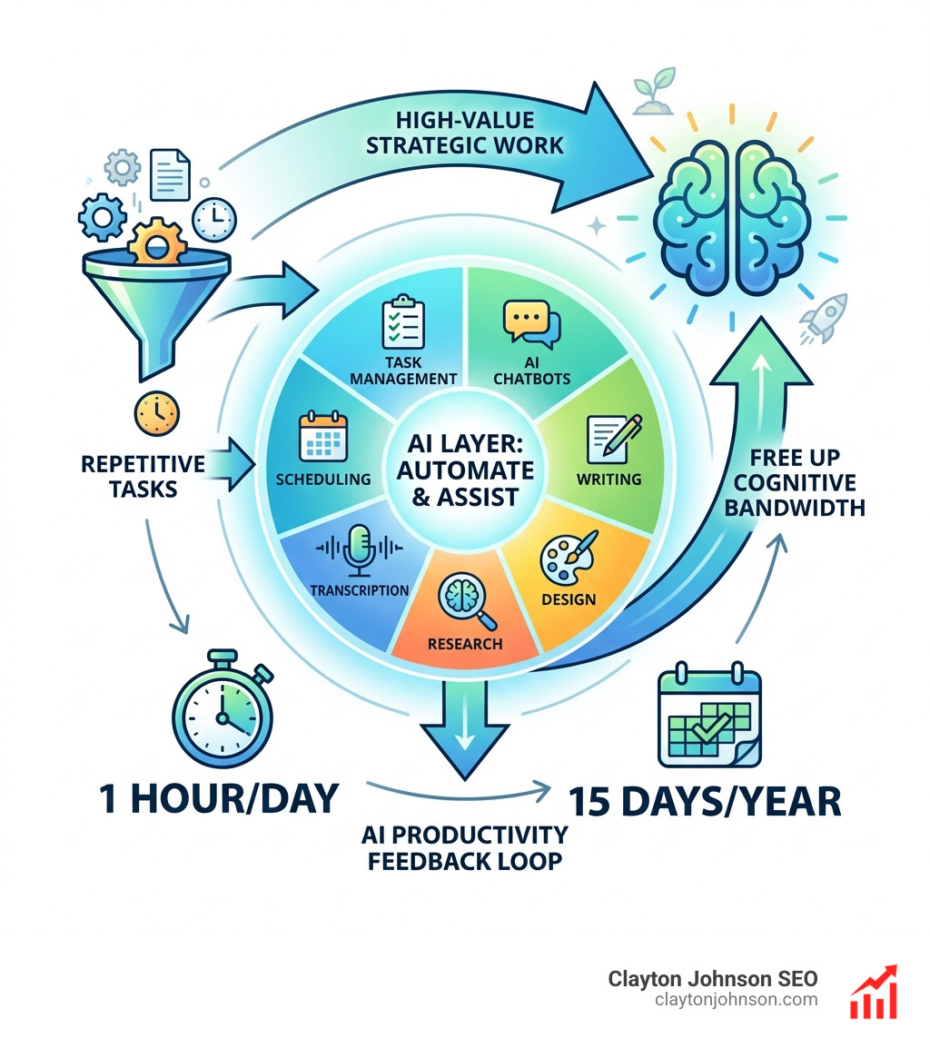 Infographic showing the AI productivity feedback loop: repetitive tasks enter the AI layer, get automated or assisted, free up human cognitive bandwidth, which flows back into high-value strategic work — with time savings quantified at 1 hour/day or 15 days/year, organized by tool category including task management, chatbots, writing, design, research, transcription, and scheduling - ai productivity tools infographic 