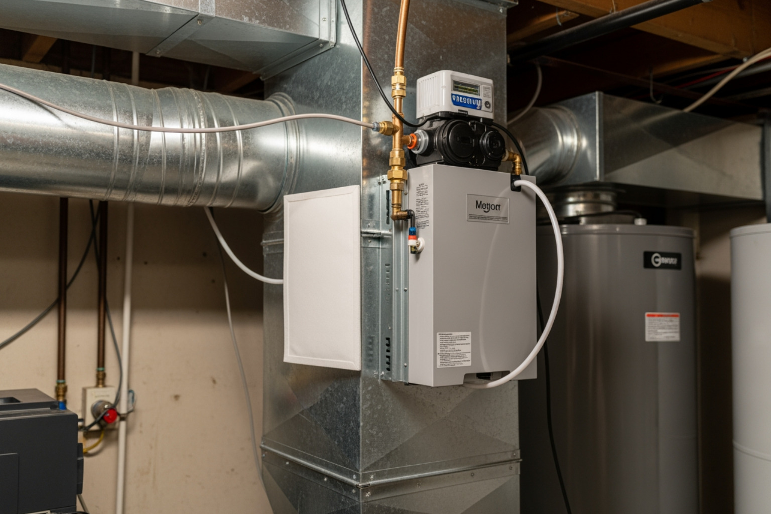 A whole-house humidifier unit mounted professionally on home ductwork - central hvac humidifier