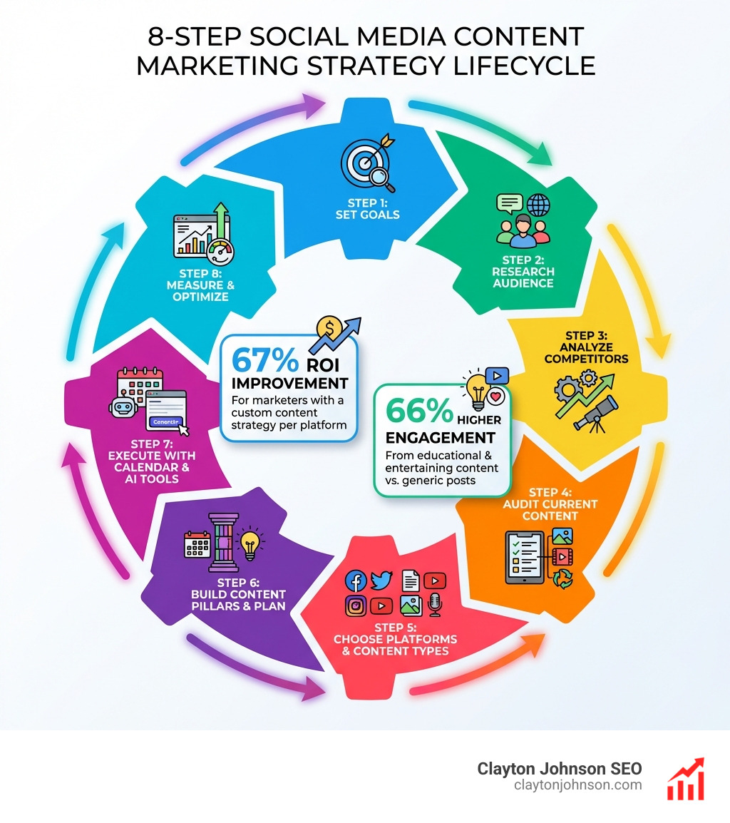 Infographic showing the 8-step social media content marketing strategy lifecycle: Step 1 Set Goals, Step 2 Research Audience, Step 3 Analyze Competitors, Step 4 Audit Current Content, Step 5 Choose Platforms and Content Types, Step 6 Build Content Pillars and Plan, Step 7 Execute with Calendar and AI Tools, Step 8 Measure and Optimize — displayed as a circular cycle with icons for each step, arrows connecting each stage, and callout stats including 67% ROI improvement and 66% higher engagement from educational content - social media content marketing strategy infographic 