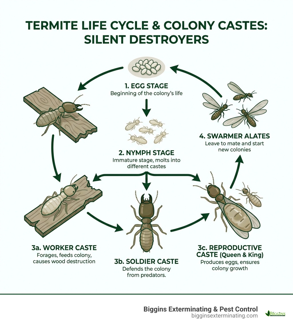 Termite life cycle and colony castes infographic showing four stages: egg, nymph, worker/soldier/reproductive castes, and swarmer alates with labels explaining each caste's role in colony survival and wood destruction - termite inspection lexington infographic 