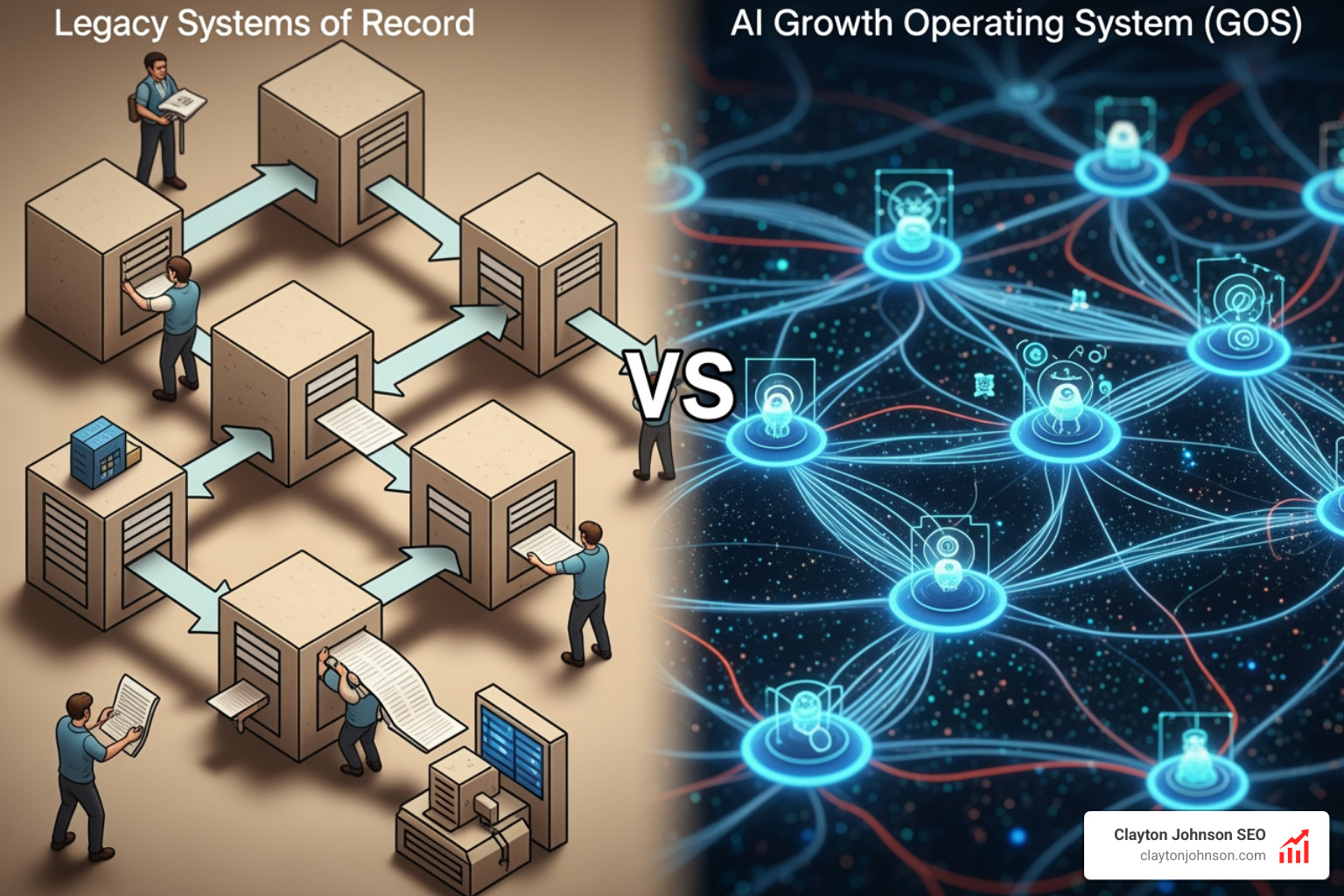 A comparison graphic: Legacy SORs show rigid, boxy schemas with humans manually moving data between them; AI GOS shows a fluid, interconnected neural fabric where data flows autonomously to agents that perform logic-based tasks - ai growth operating system A comparison graphic: Legacy SORs show rigid, boxy schemas with humans manually moving data between them; AI GOS shows a fluid, interconnected neural fabric where data flows autonomously to agents that perform logic-based tasks - ai growth operating system
