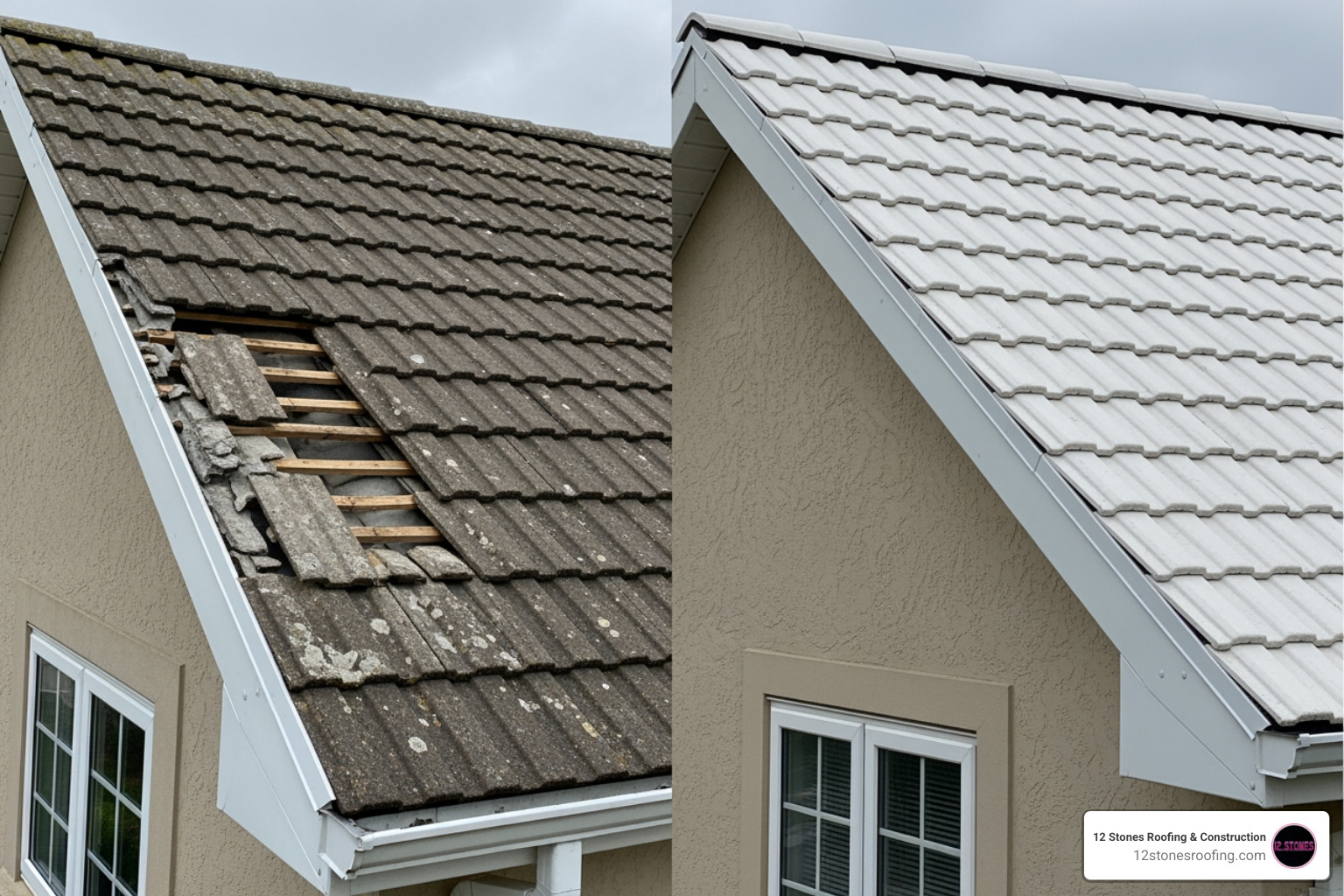 Image comparing a roof with crumbling, cracked mortar verge to a roof with a clean, uniform uPVC dry verge system installed - dry verge installation cost Image comparing a roof with crumbling, cracked mortar verge to a roof with a clean, uniform uPVC dry verge system installed - dry verge installation cost