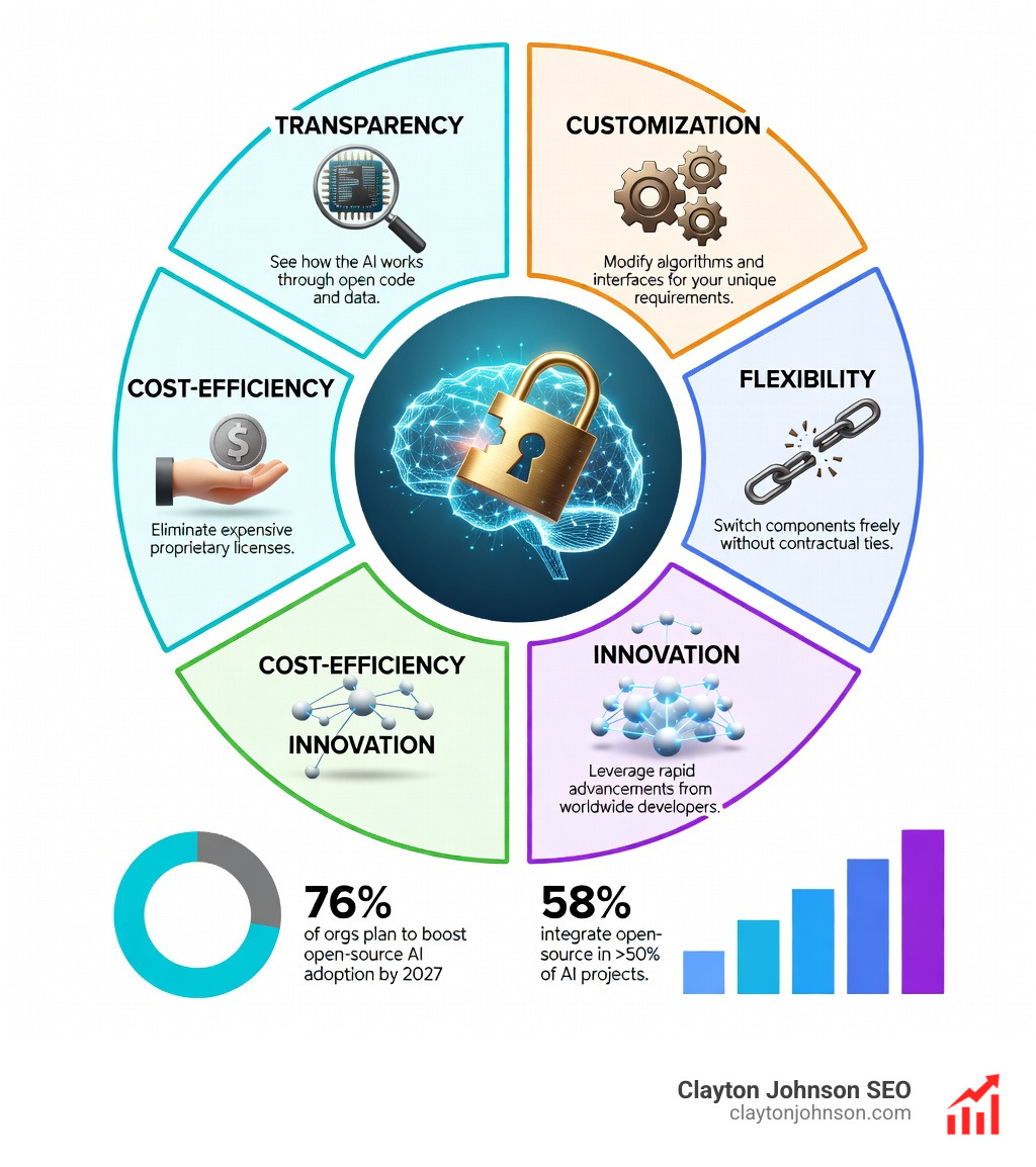 Infographic explaining the core benefits and characteristics of an an open source AI platform - open source ai platform infographic Infographic explaining the core benefits and characteristics of an an open source AI platform - open source ai platform infographic