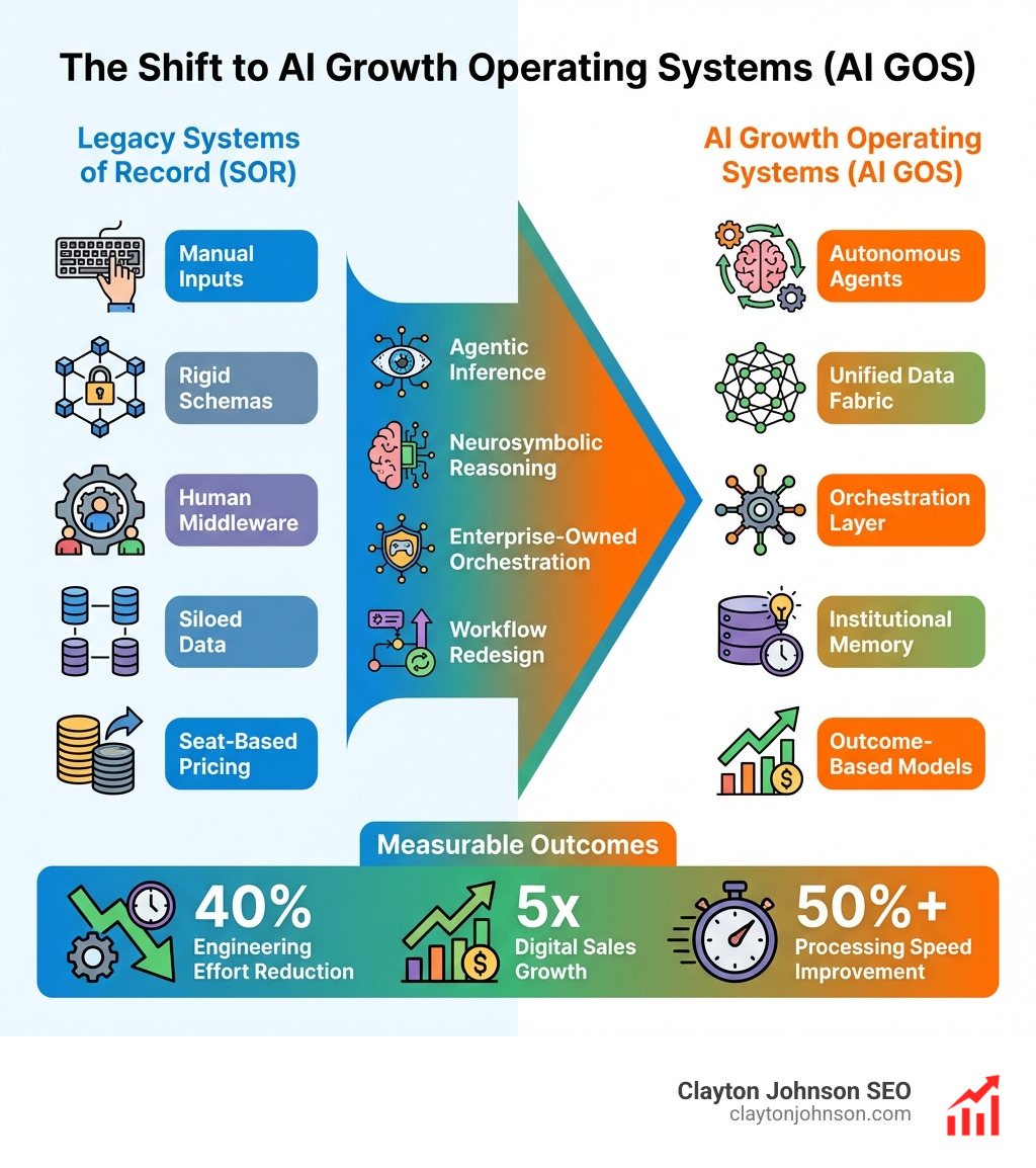 Infographic showing the shift from legacy Systems of Record (SOR) to AI Growth Operating Systems: SOR characteristics include manual inputs, rigid schemas, human middleware, siloed data, and seat-based pricing; AI GOS characteristics include autonomous agents, unified data fabric, orchestration layer, institutional memory, and outcome-based models; arrows in the center show transition drivers: agentic inference, neurosymbolic reasoning, enterprise-owned orchestration, and workflow redesign; bottom bar shows measurable outcomes: 40% engineering effort reduction, 5x digital sales growth, 50%+ processing speed improvement - ai growth operating system infographic Infographic showing the shift from legacy Systems of Record (SOR) to AI Growth Operating Systems: SOR characteristics include manual inputs, rigid schemas, human middleware, siloed data, and seat-based pricing; AI GOS characteristics include autonomous agents, unified data fabric, orchestration layer, institutional memory, and outcome-based models; arrows in the center show transition drivers: agentic inference, neurosymbolic reasoning, enterprise-owned orchestration, and workflow redesign; bottom bar shows measurable outcomes: 40% engineering effort reduction, 5x digital sales growth, 50%+ processing speed improvement - ai growth operating system infographic