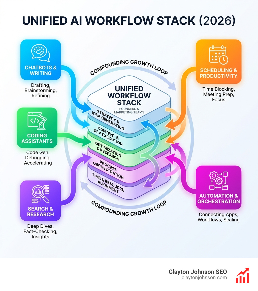 Infographic showing AI tools ecosystem organized by category including chatbots, coding assistants, automation platforms, research tools, and scheduling apps with arrows showing how they connect into a unified workflow stack for founders and marketing teams - AI Tools infographic 